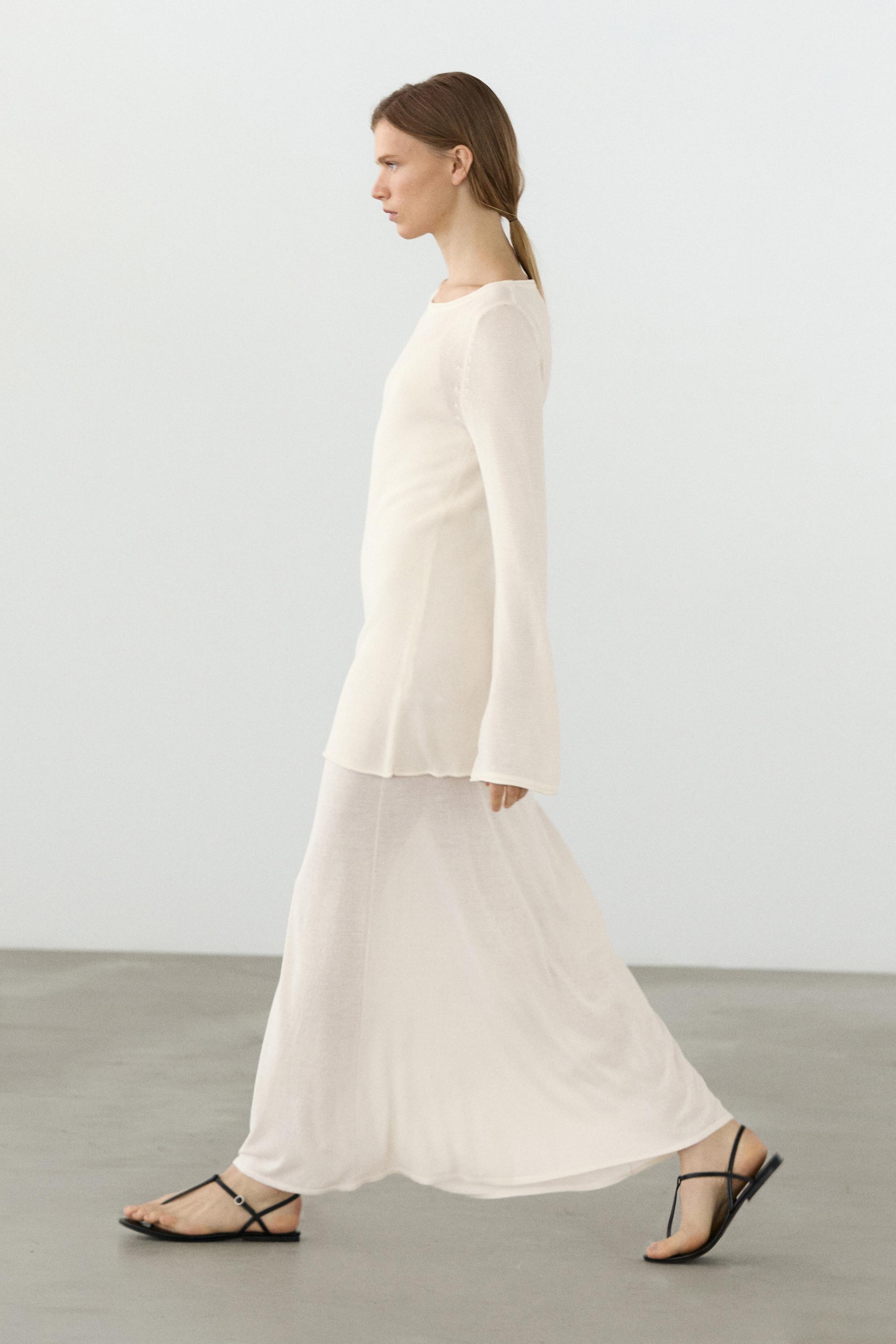 Double-layer knit dress with long sleeves — CREAM