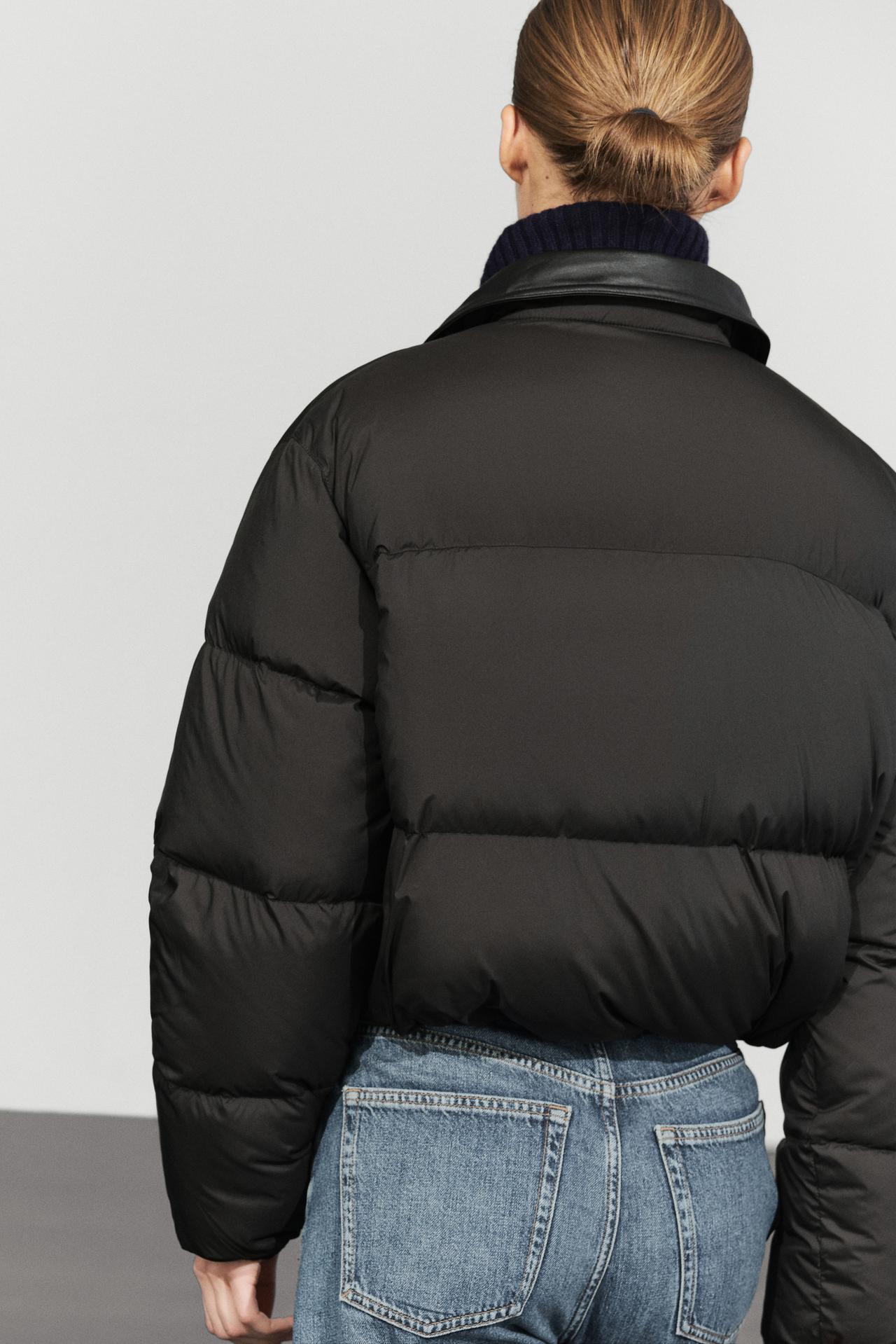 Down bomber jacket with nappa leather collar — BLACK