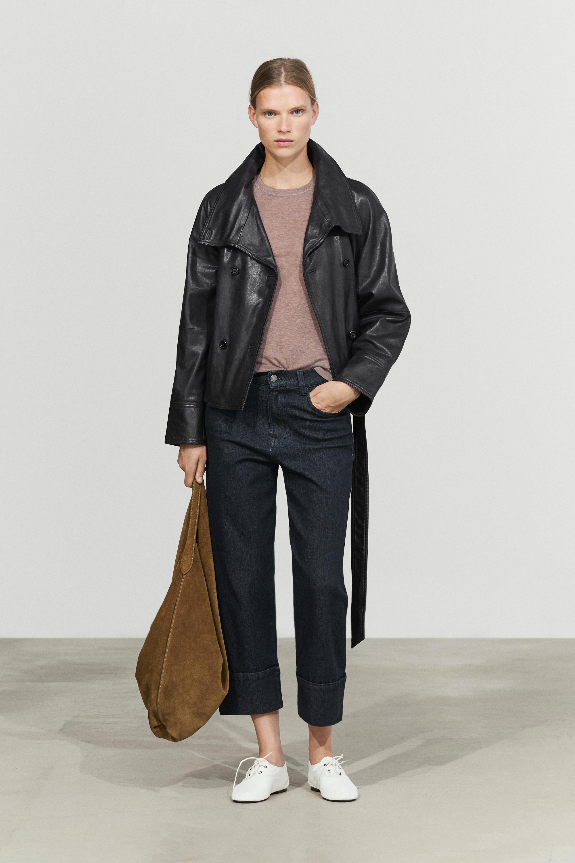 Short high neck leather trench coat — BLACK