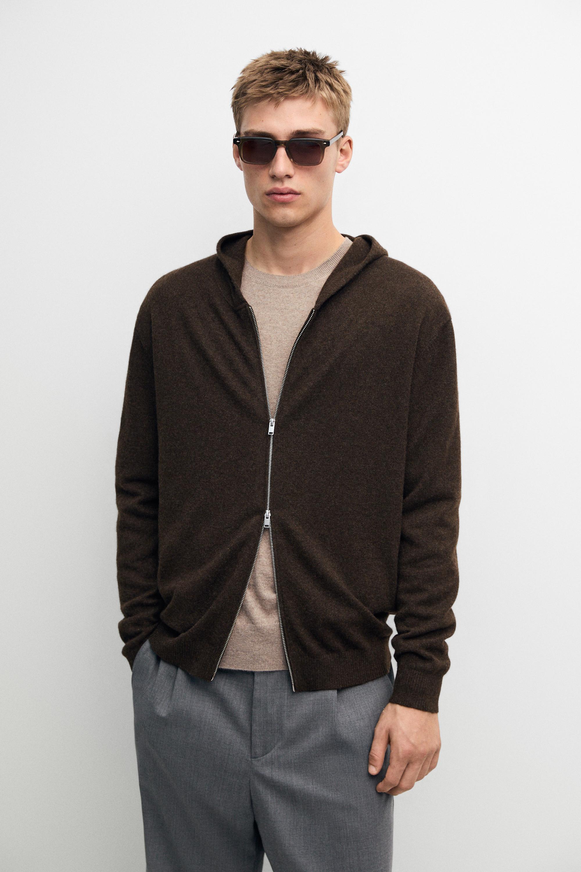 100% cashmere hooded knit cardigan — BROWN MARL