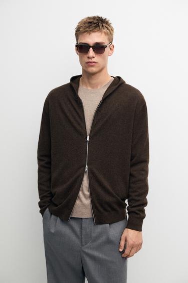 100% cashmere knit cardigan with hood — BROWN MARL 3