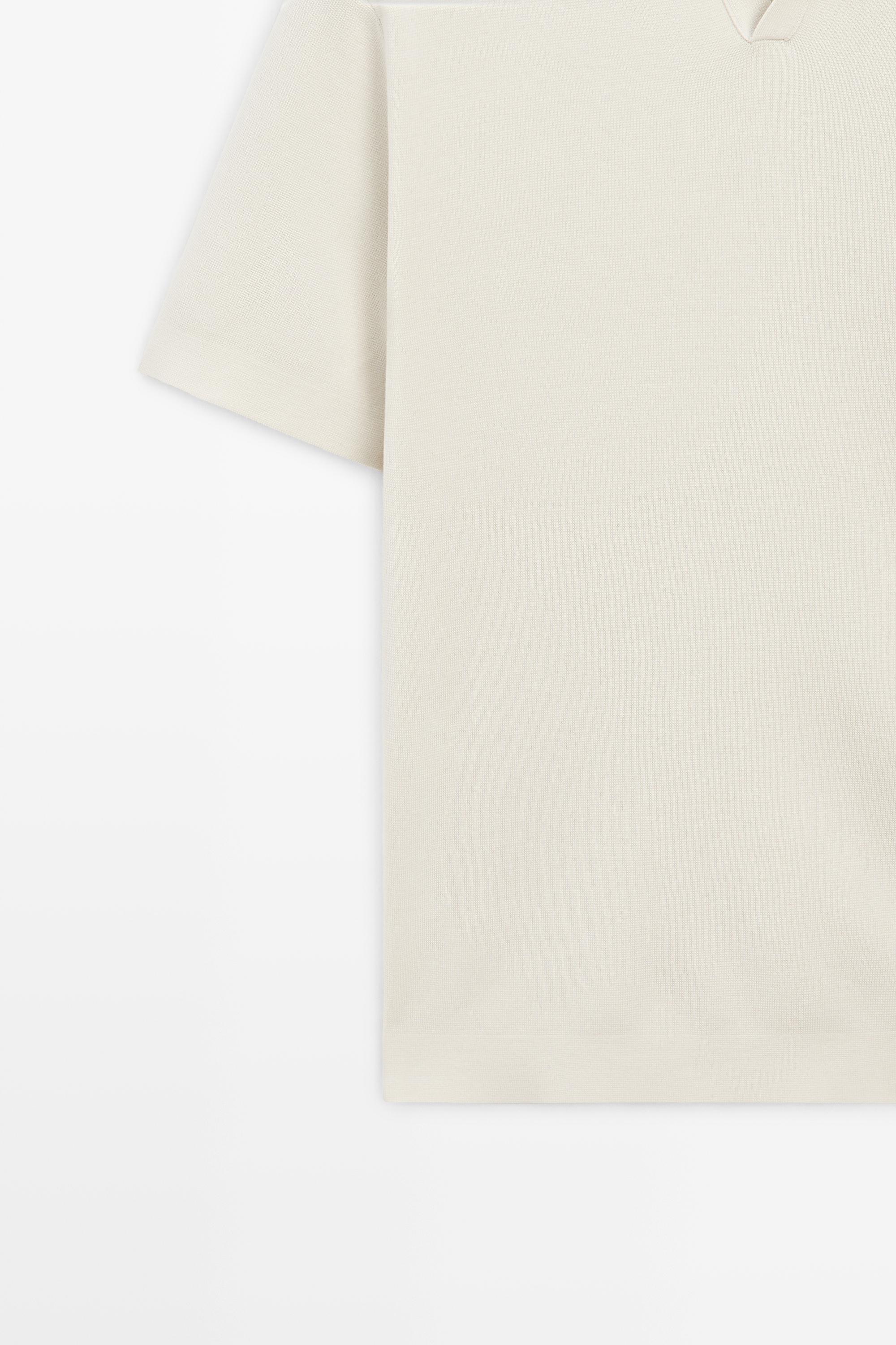 Flowing cotton blend knit polo shirt — CREAM