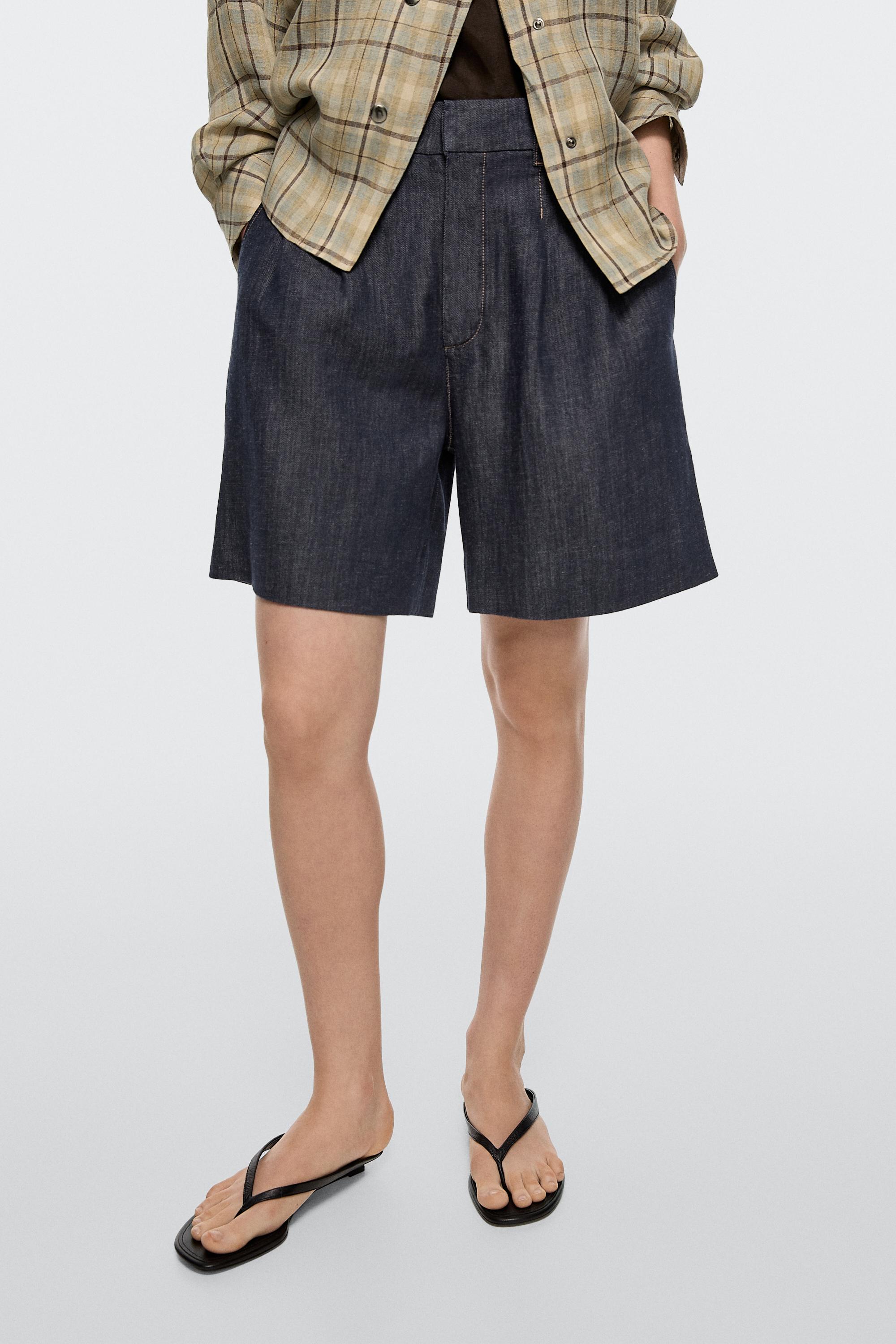 Cotton denim Bermuda shorts with topstitching — DARK BLUE