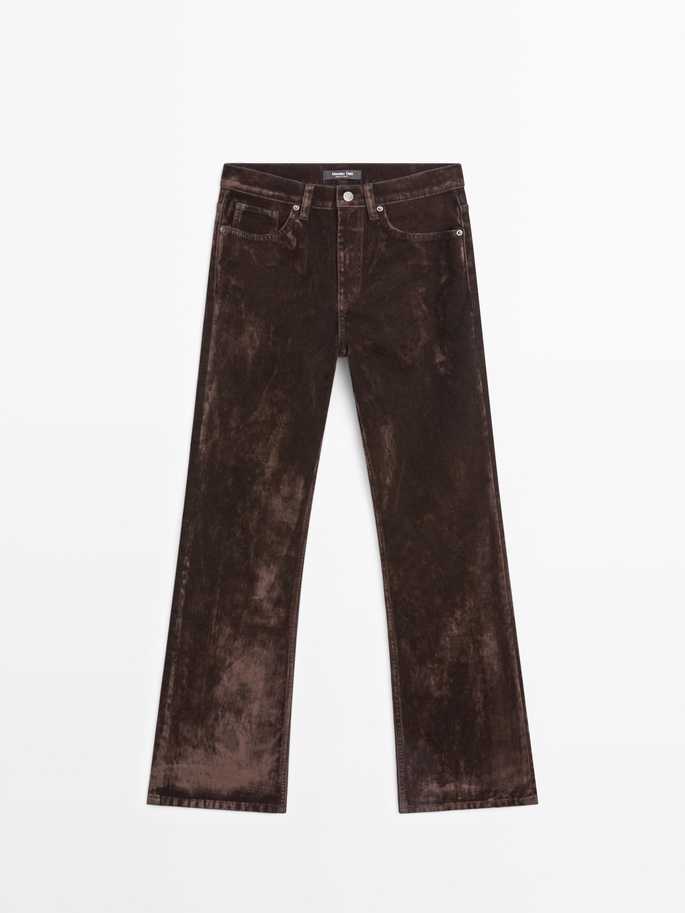 High-waist flocked boot-cut jeans — Chocolate