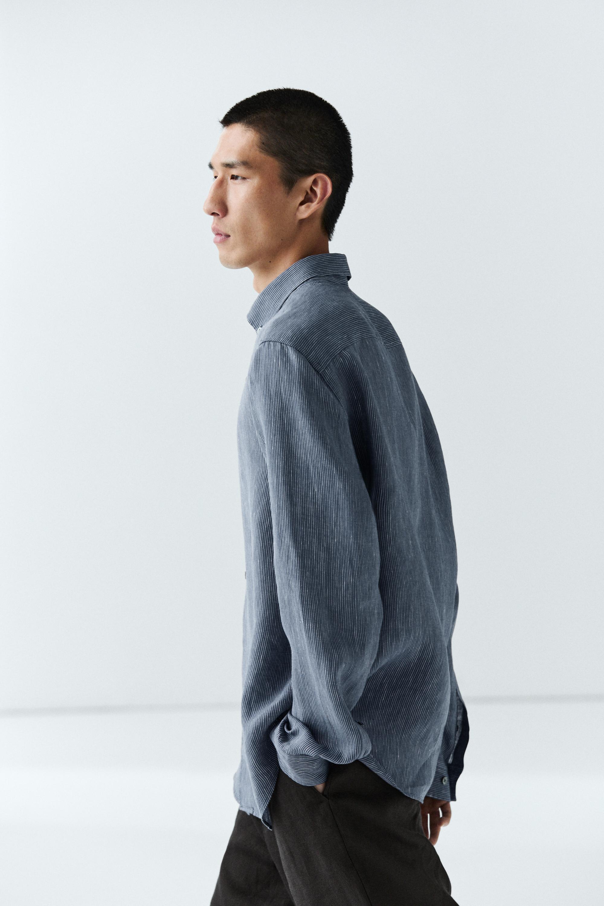 100% linen pinstriped regular fit shirt — NAVY BLUE