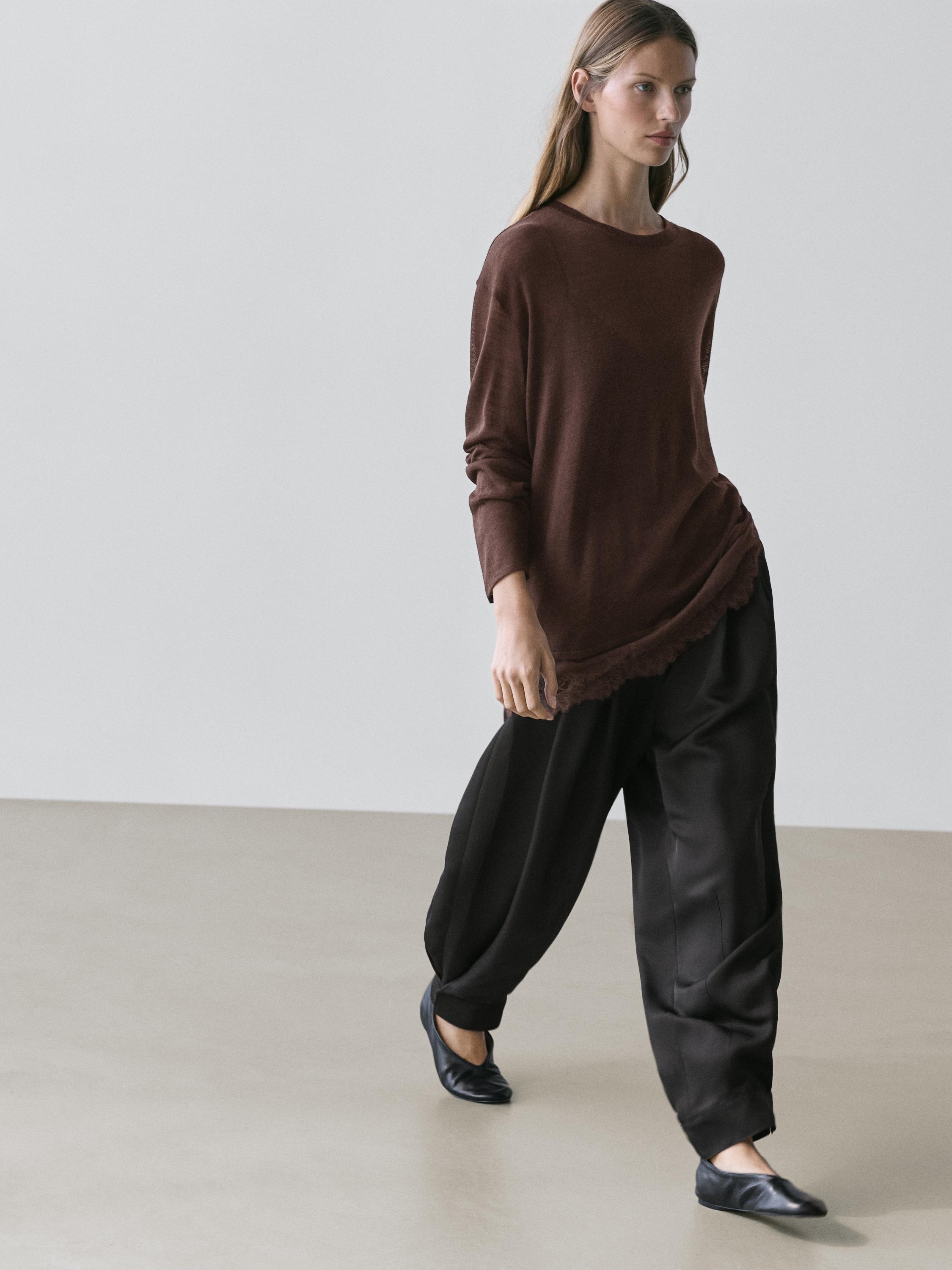 Long sleeve T-shirt with lace detail — BROWN