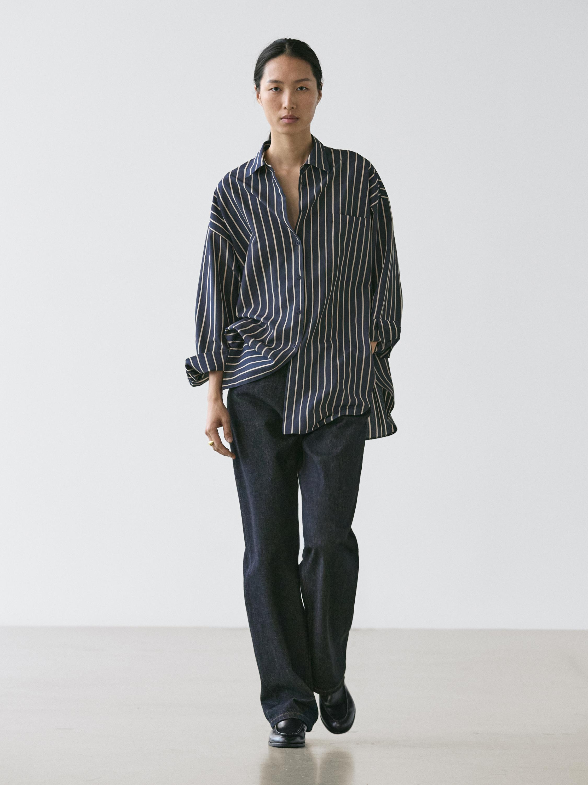 Striped flowing shirt with pocket detail — NAVY BLUE