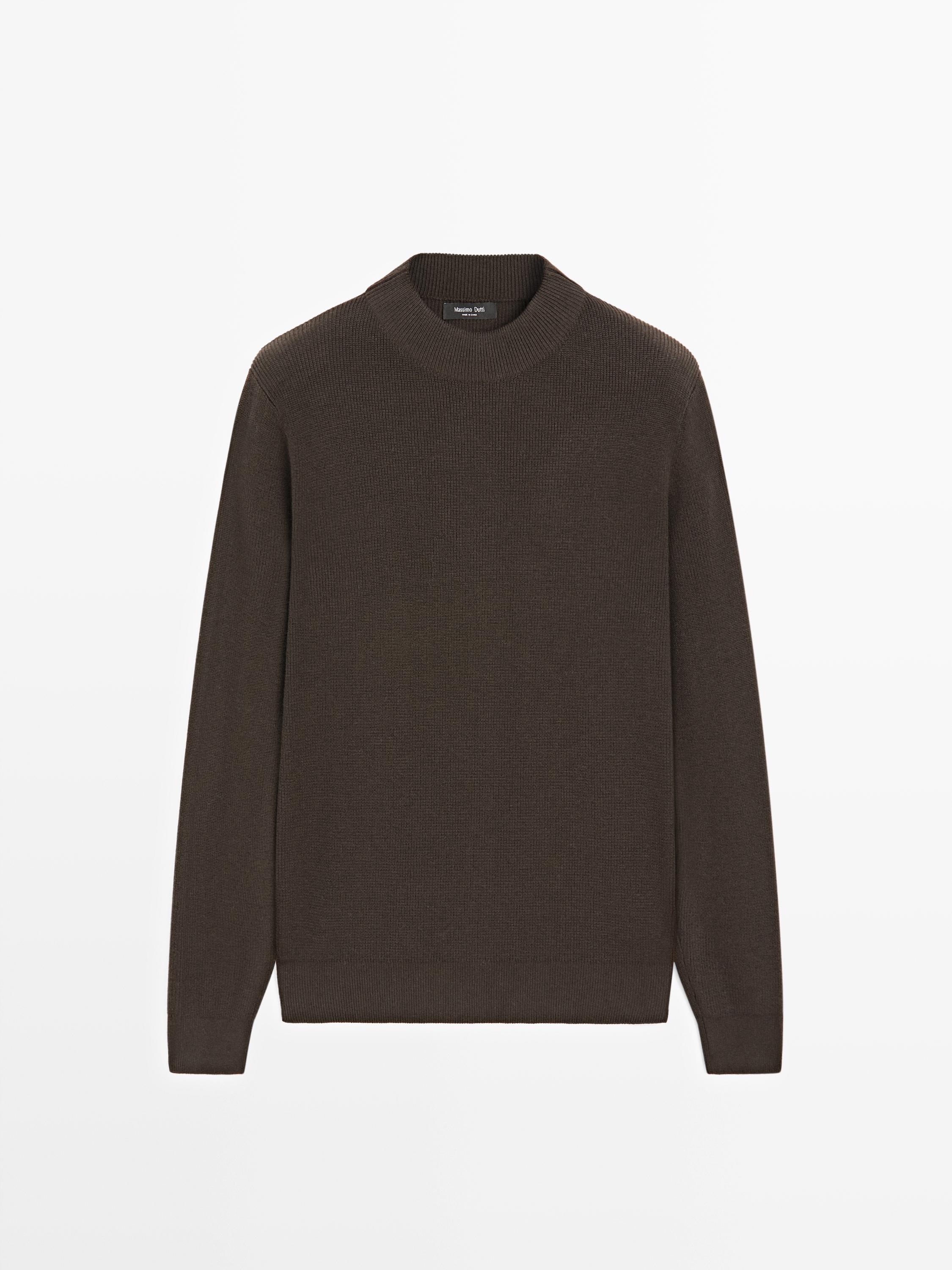 Cotton blend knit sweater with mock turtleneck — BROWN MARL