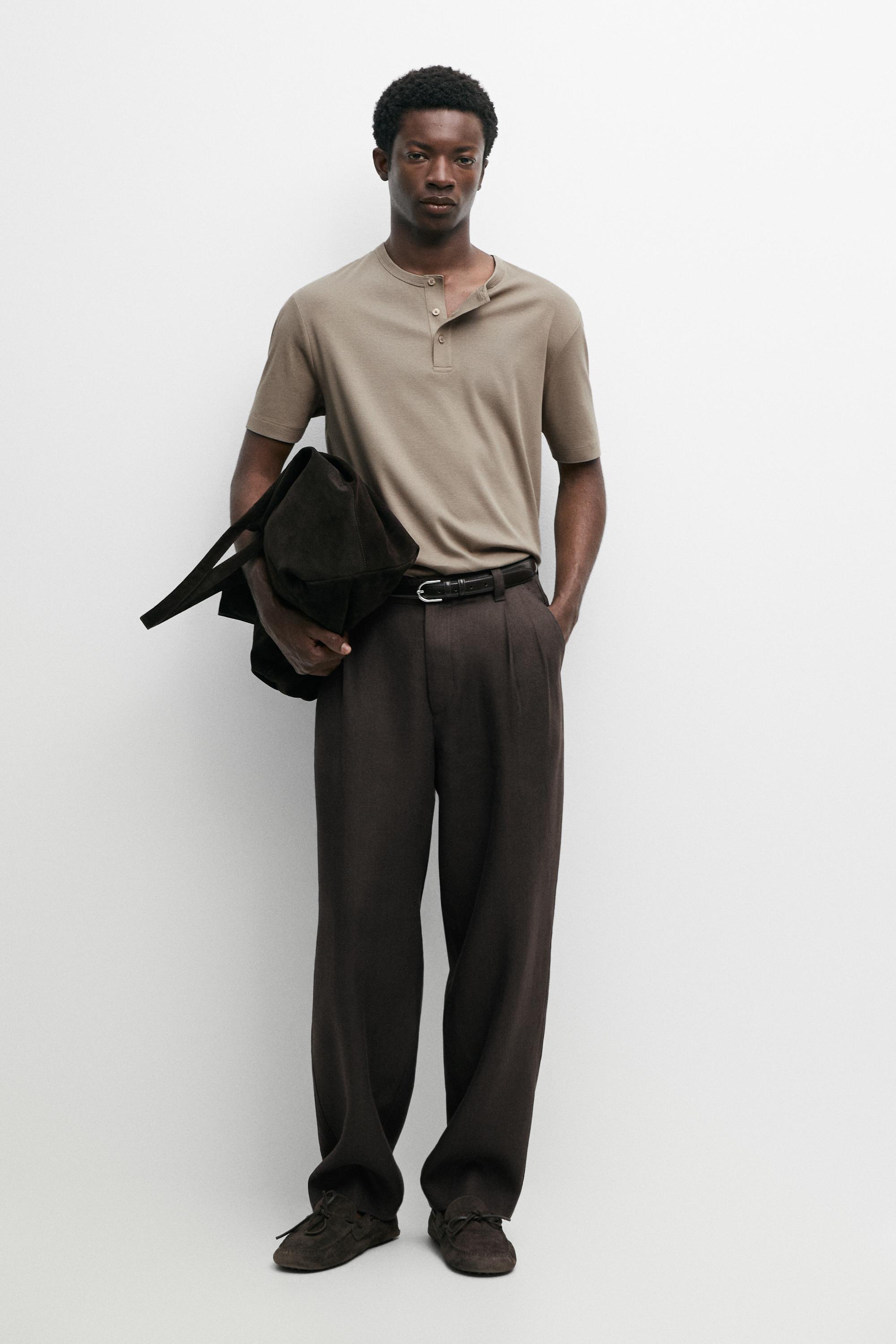 100% cotton henley T-shirt — BROWN