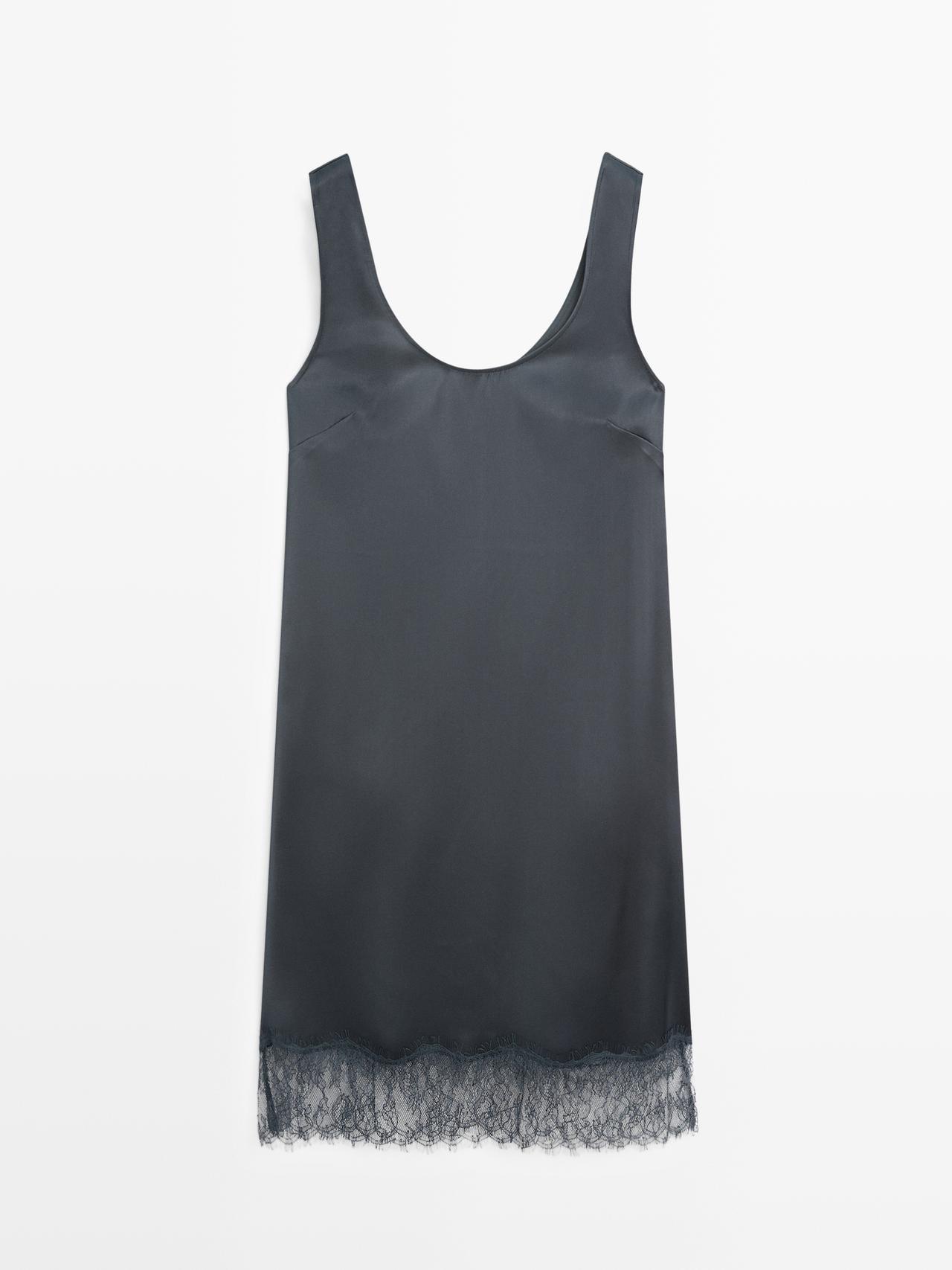 Massimo Dutti - Dame - Kort Kjole I Satin Med Flødt Fald - Mørkeblå - 40