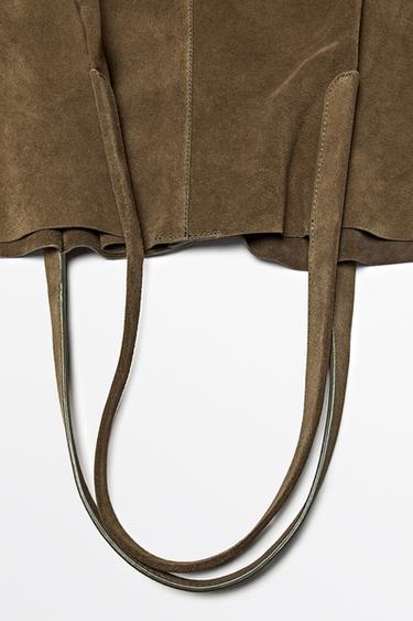 Split suede leather tote bag — KHAKI 5