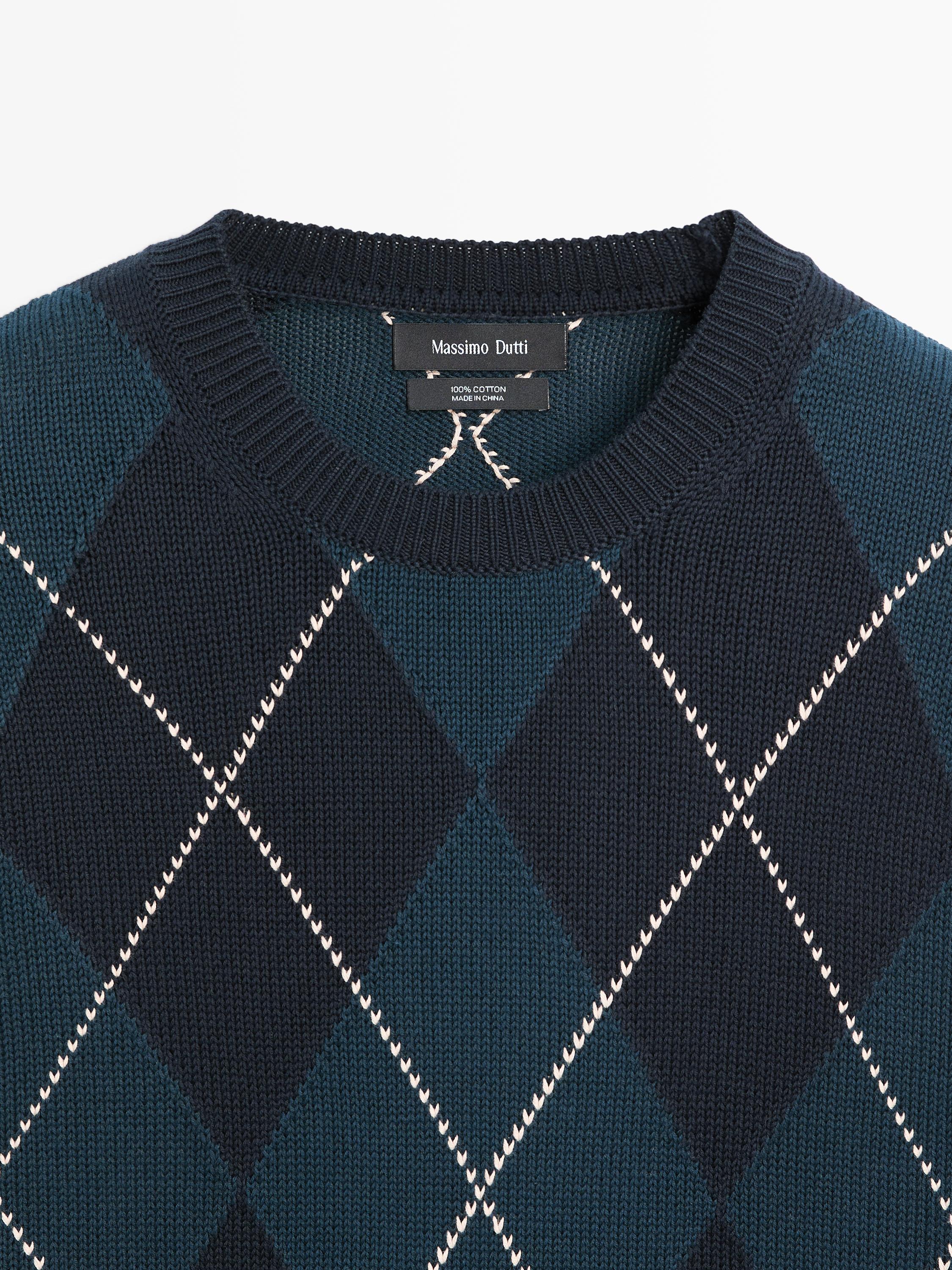 Cotton knit sweater with argyle detail — BLUE