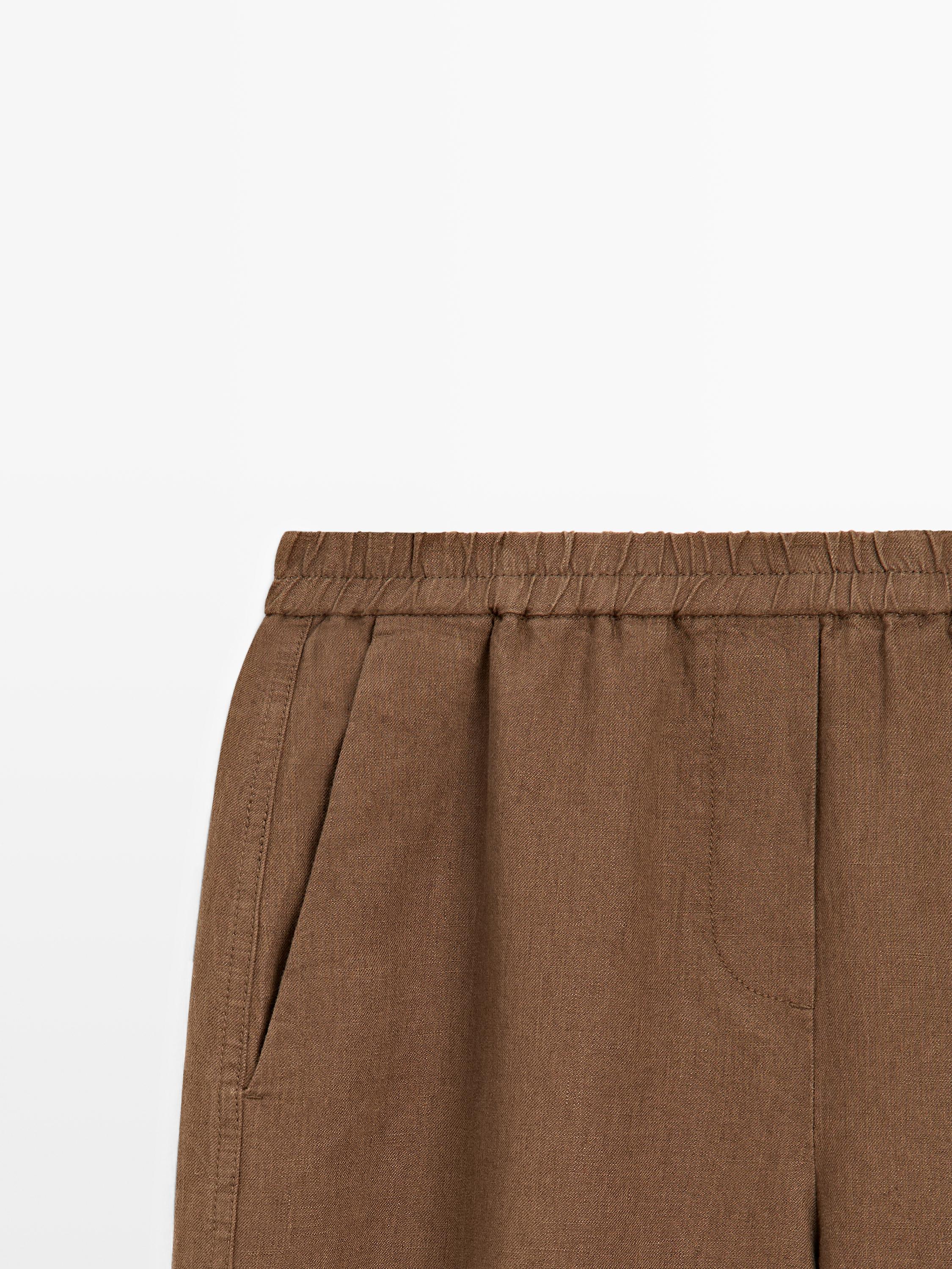 Linen pants with elastic waistband detail — BROWN