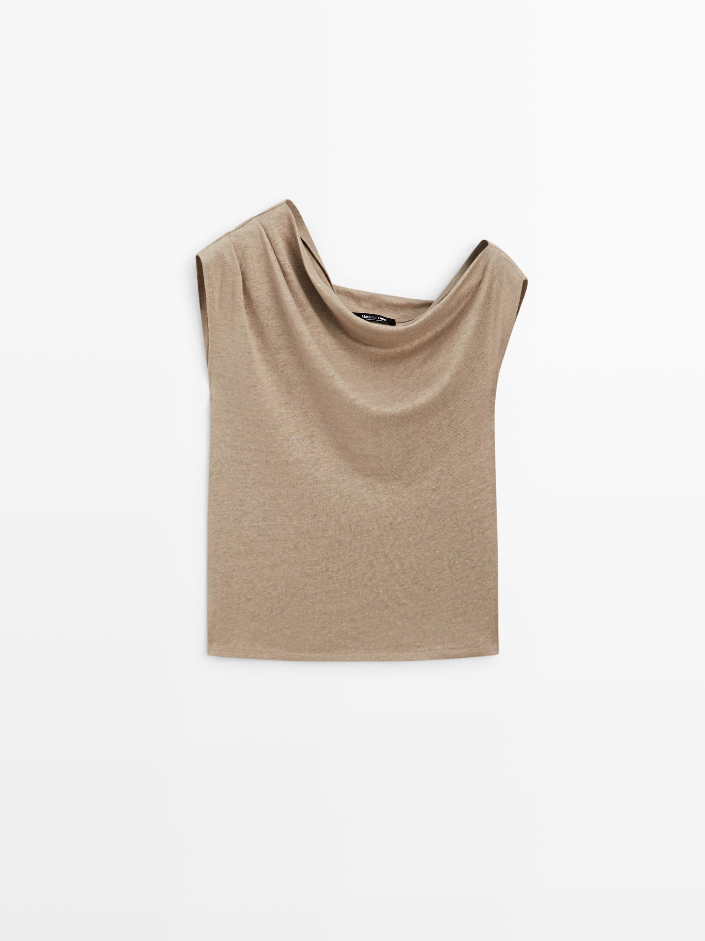 Asymmetric linen blend top with draped detail