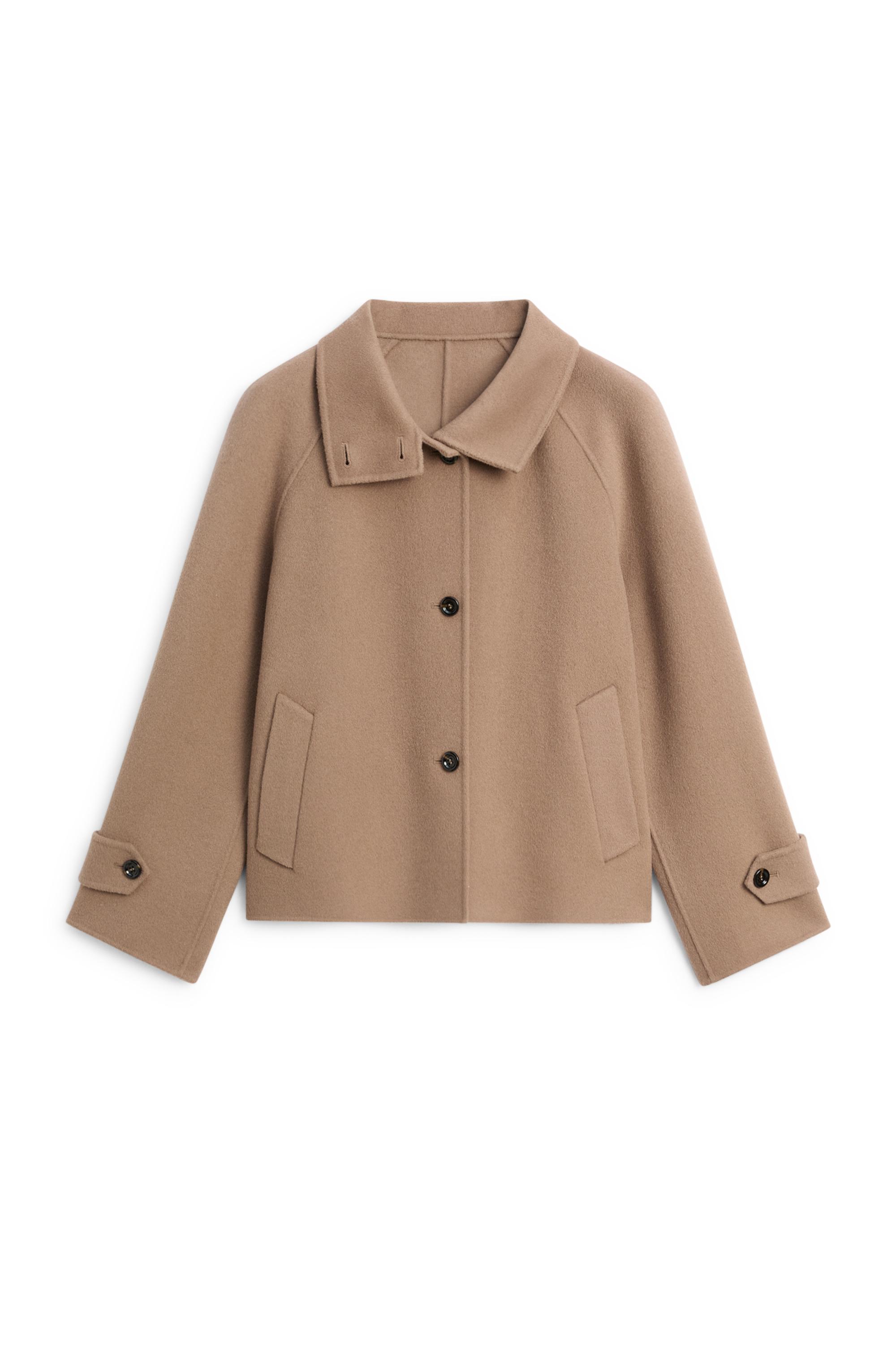 Short stand-up collar wool blend coat — Khaki