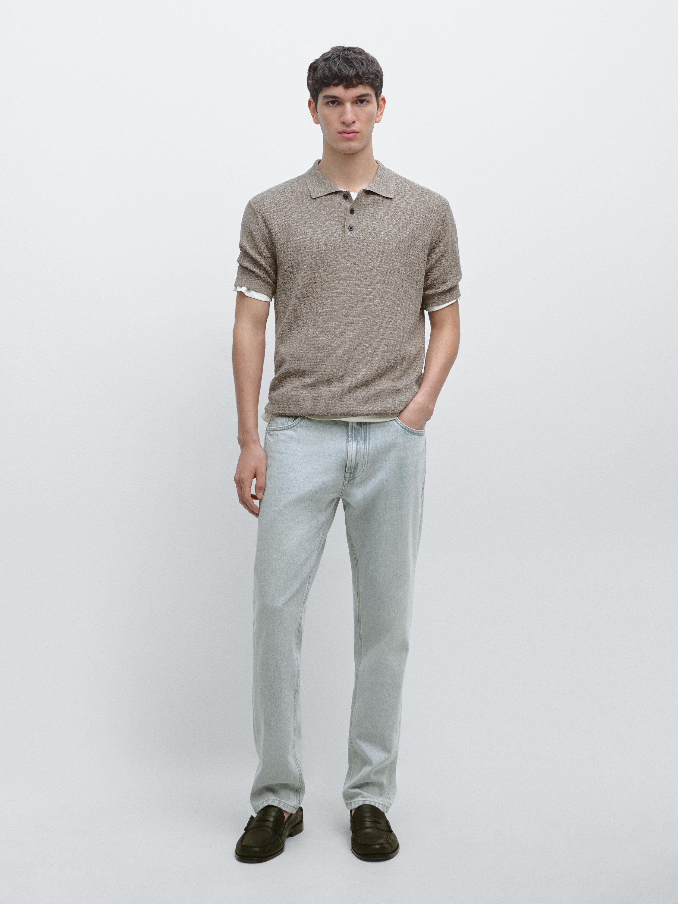 Short sleeve cotton and linen blend knit polo shirt