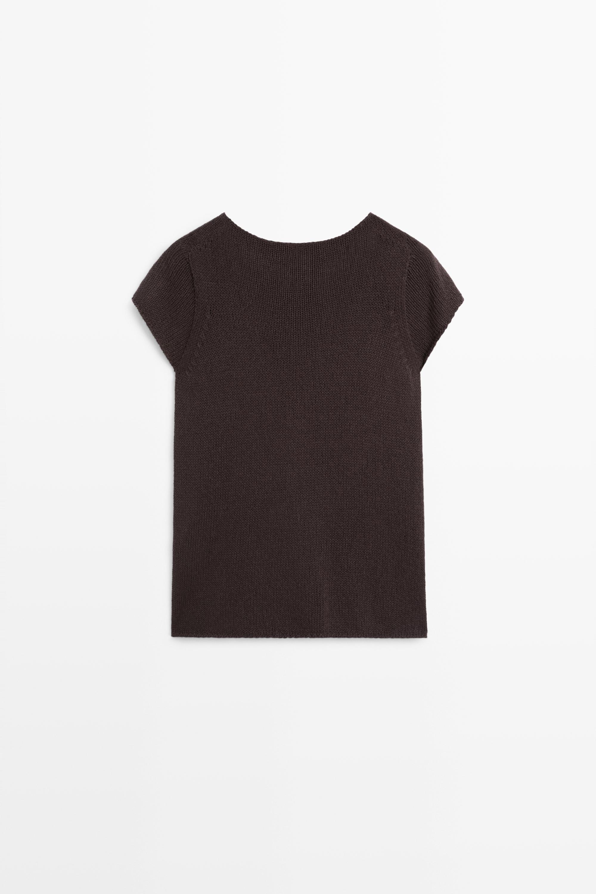 Cotton blend short sleeve knit sweater — Chocolate