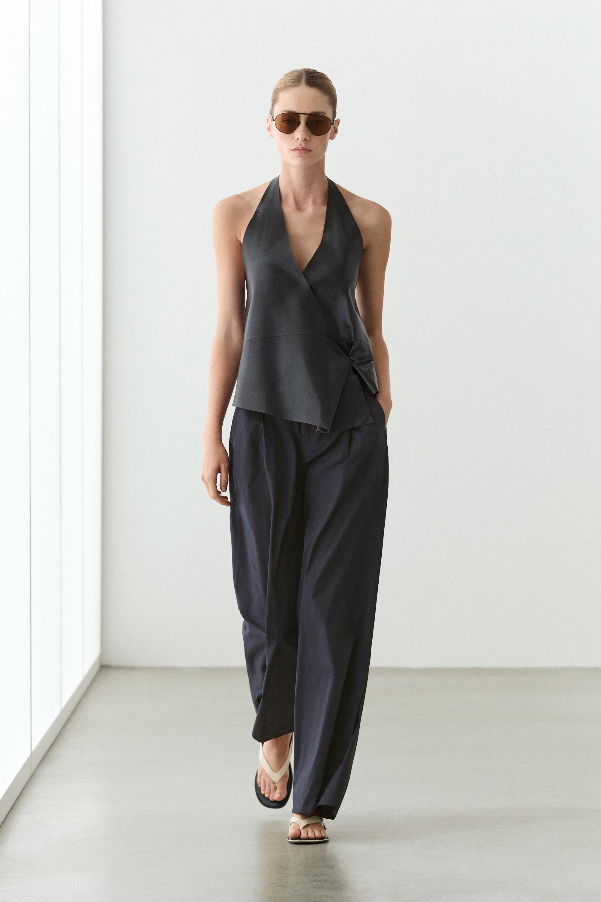 Cotton blend wide-leg pleated trousers