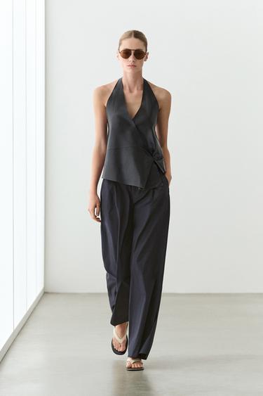 Cotton blend wide-leg pleated trousers — DEEP BLUE 1