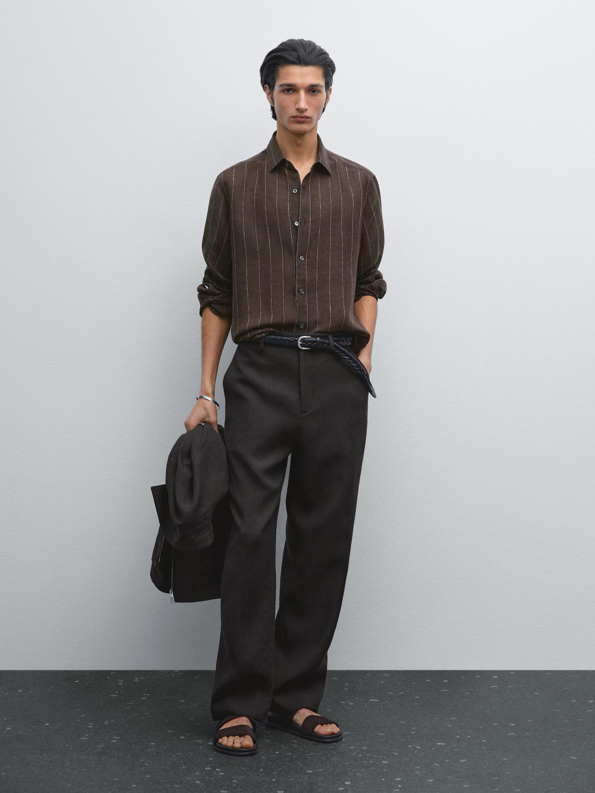 Calças Em Pata De Galo 100% Linho - Chocolate - 42 - Massimo Dutti - Homem