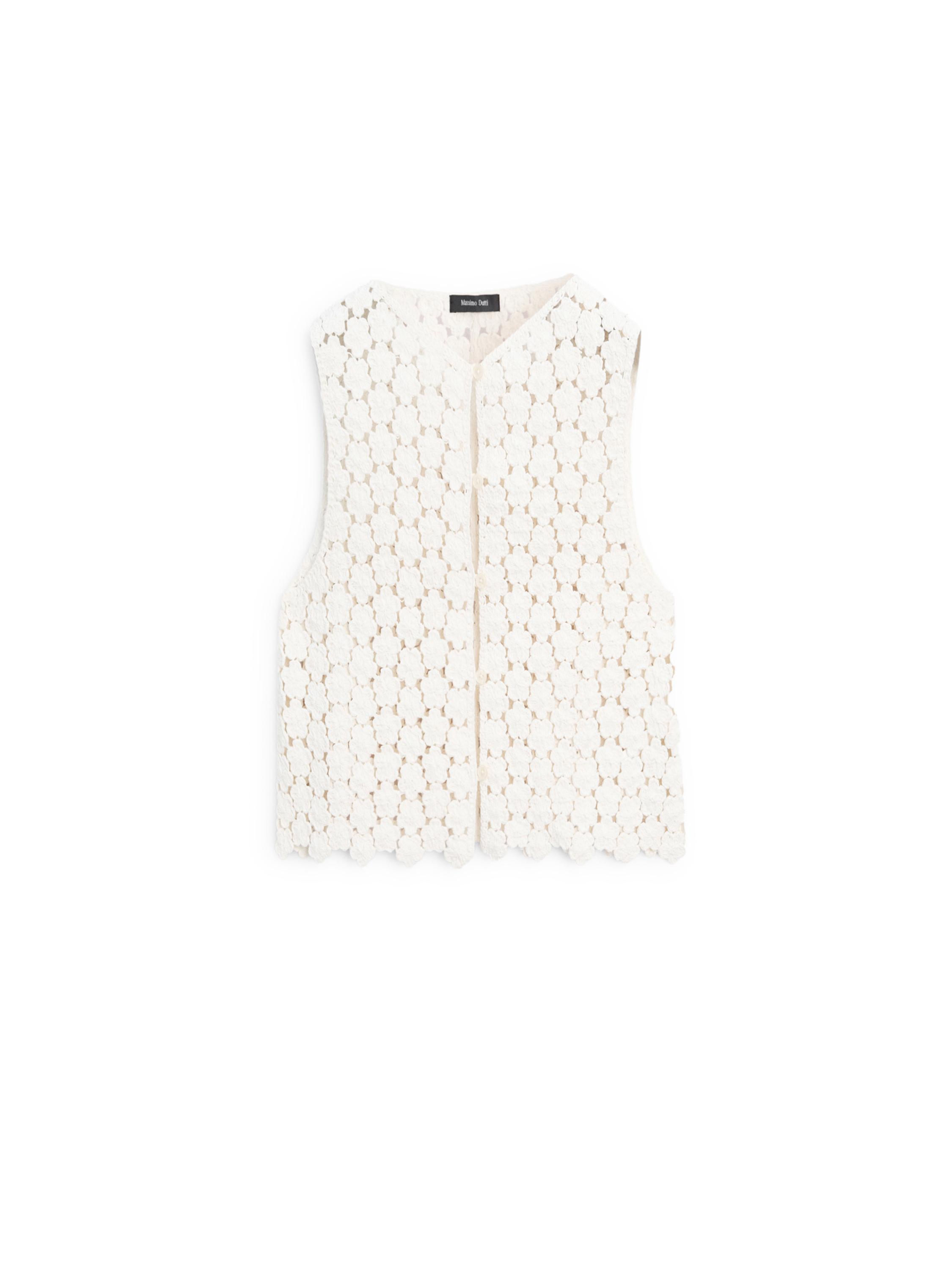 Cotton crochet vest with floral details — CREAM