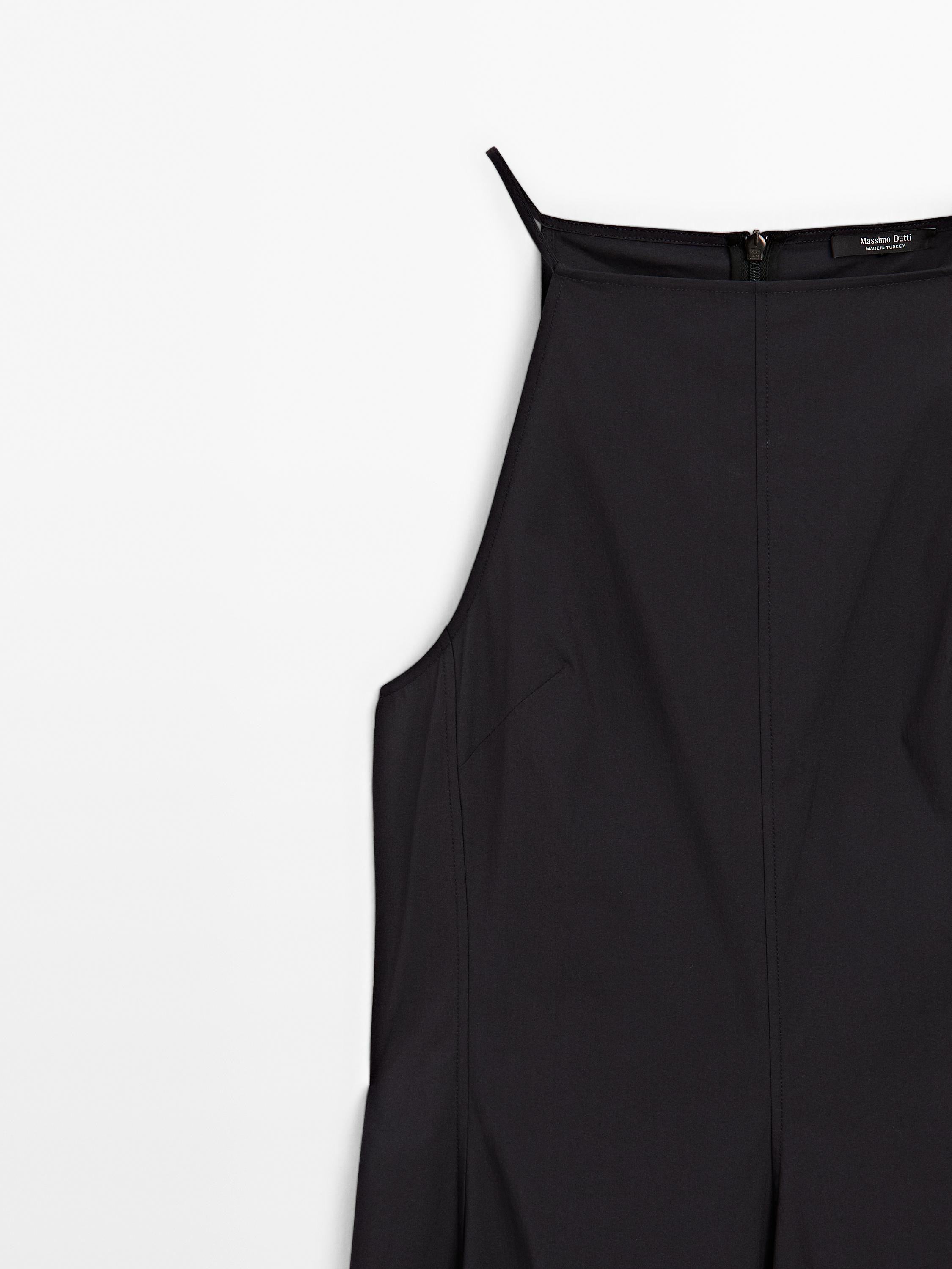 Long halter neck dress with flounce · Black · Caps And Hats