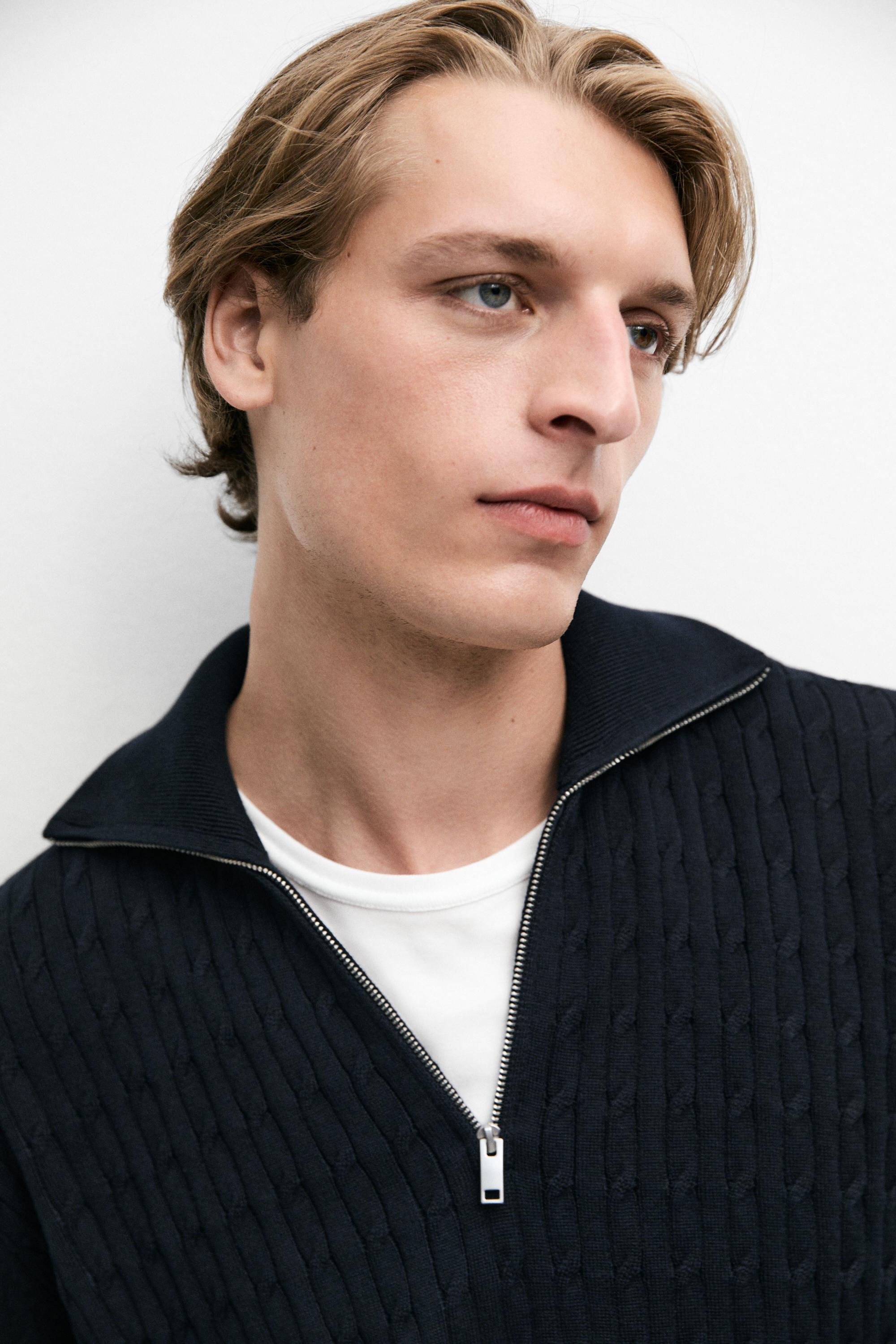 Mock neck knit zip sweater — NAVY BLUE