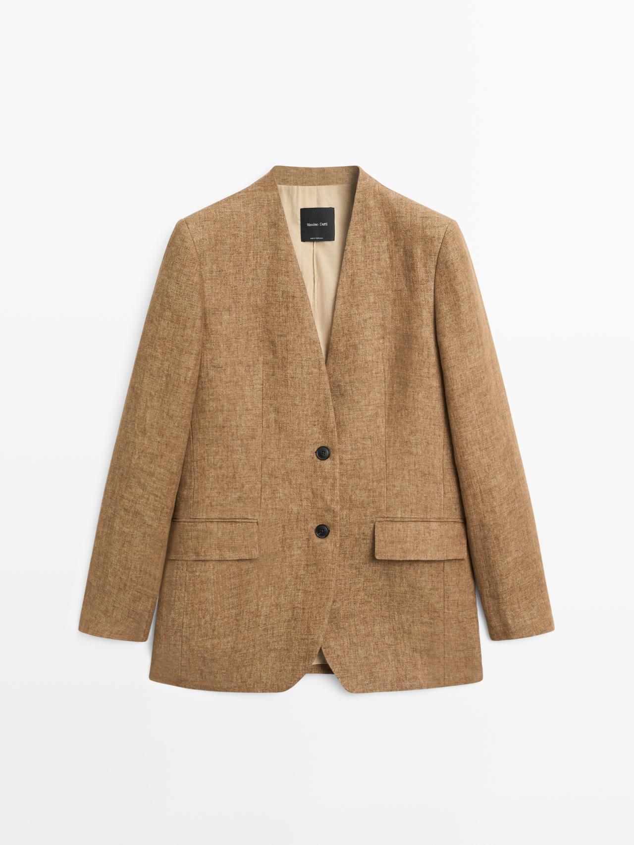 Massimo Dutti - Dames - Melange Linnen Kostuumblazer - Kameel - 34
