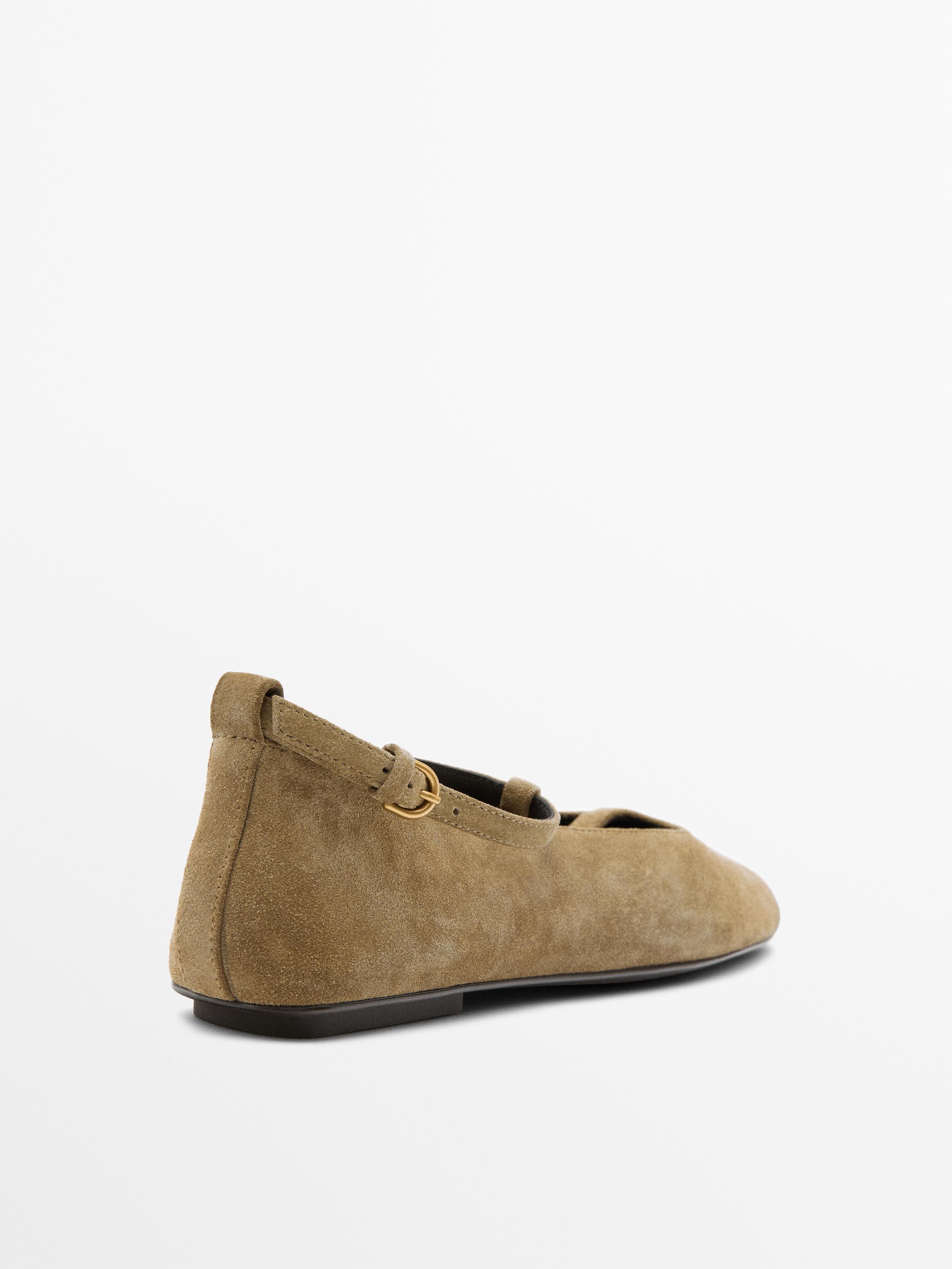 Split suede ballet flats with instep strap — TAUPE