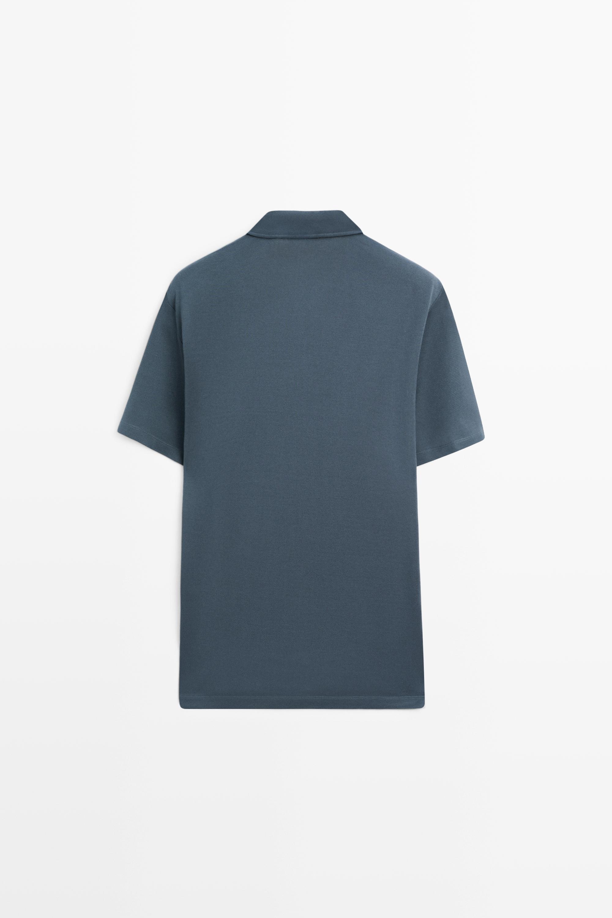Micro-textured V-neck piqué polo shirt — DARK BLUE