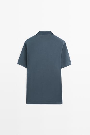 Micro-textured V-neck piqué polo shirt — DARK BLUE 6