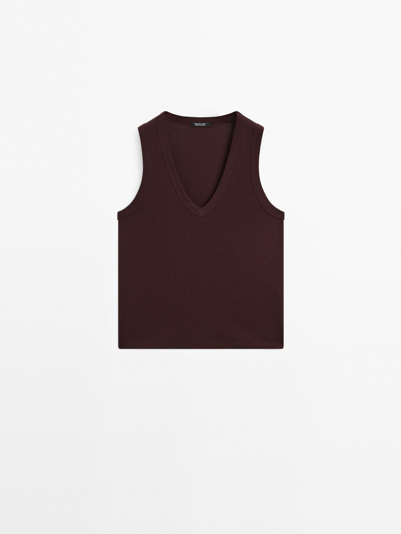 Massimo Dutti - Dame - Top Med V-Udskæring I 100% Merceriseret Bomuld - Granatrød - Xl