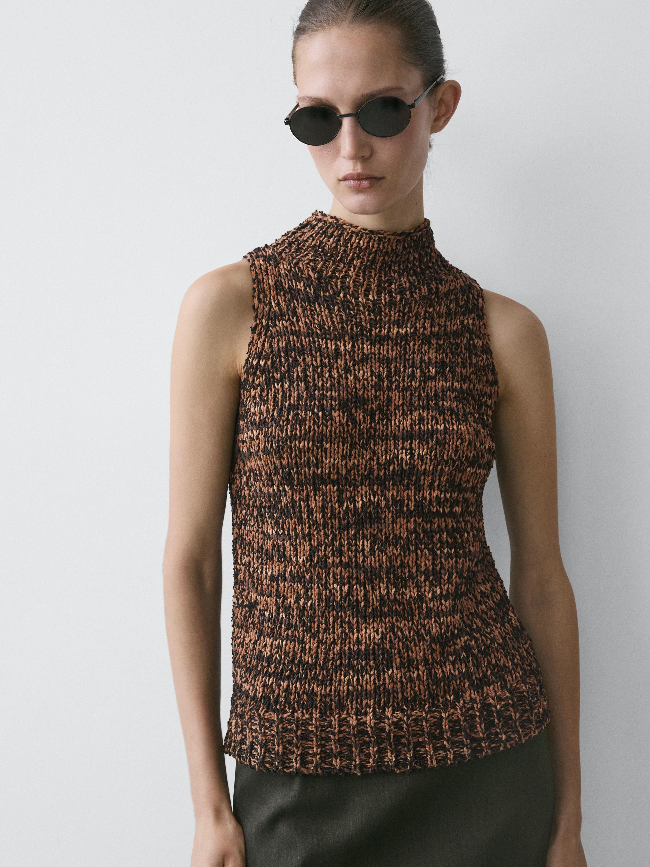 Flecked knit halter top — BROWN