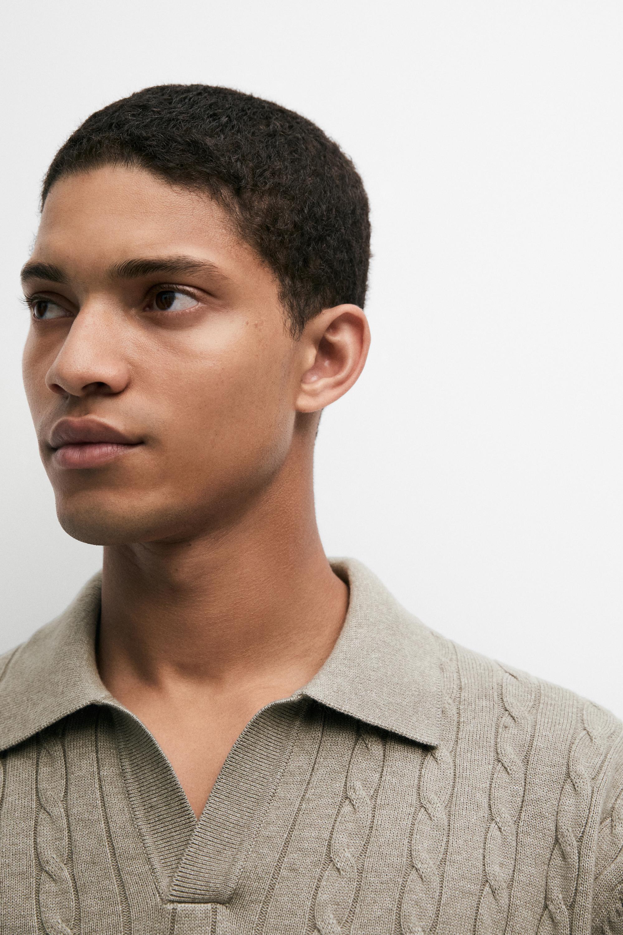 100% Cotton Cable-Knit Polo Sweater — Greyish green
