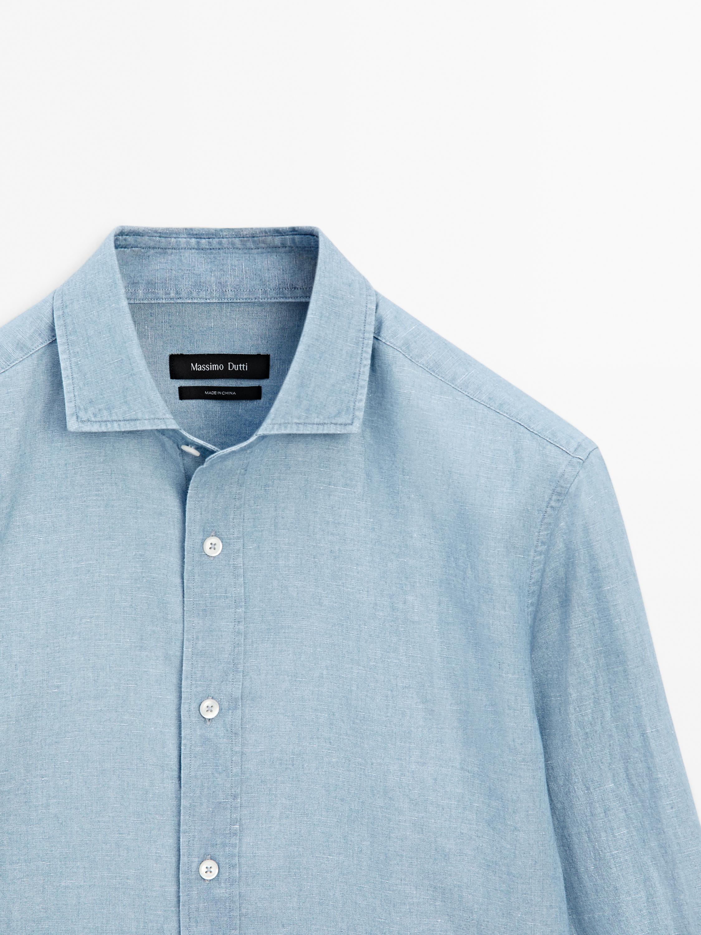 Cotton blend slim fit denim shirt