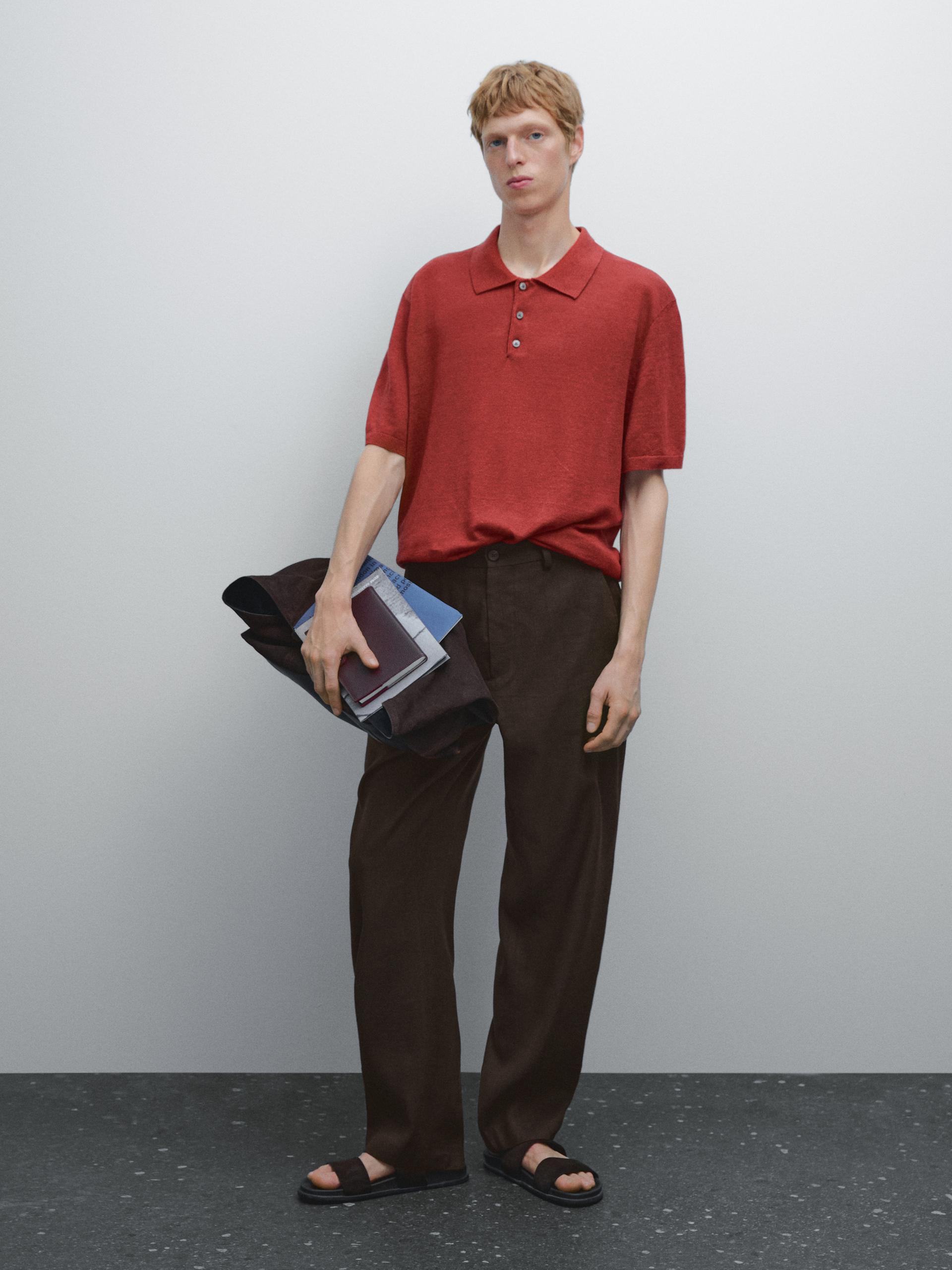 Dzianinowa Koszulka Polo Ze 100% Lnu - Koralowy - M - Massimo Dutti - Mężczyzna