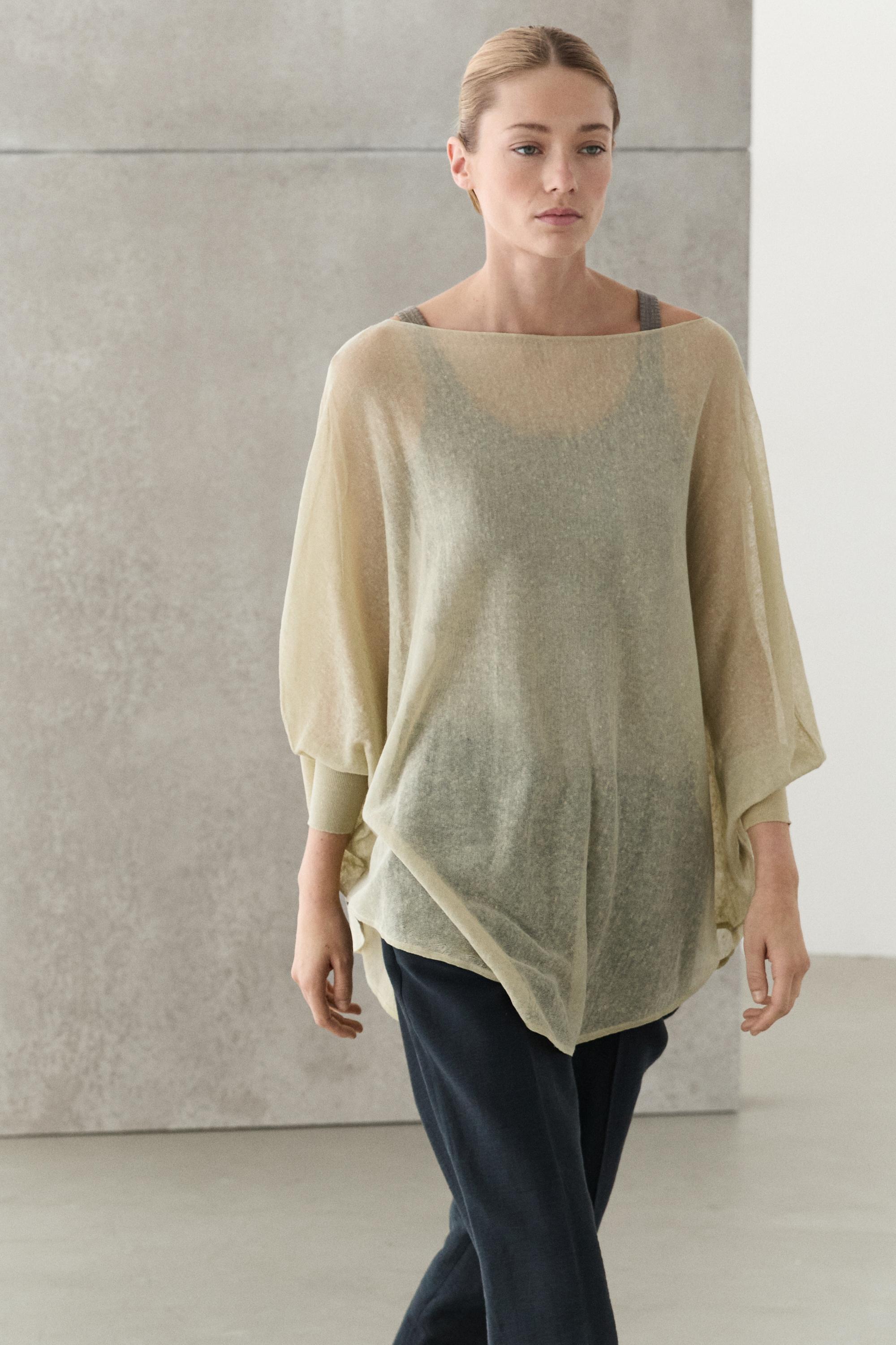 Linen blend flowing cape-style sweater — SAND