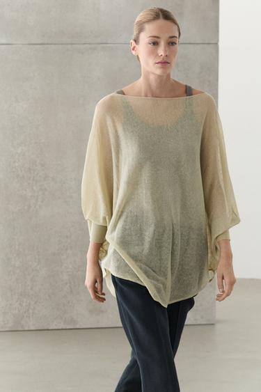 Linen blend flowing cape-style sweater — SAND 3