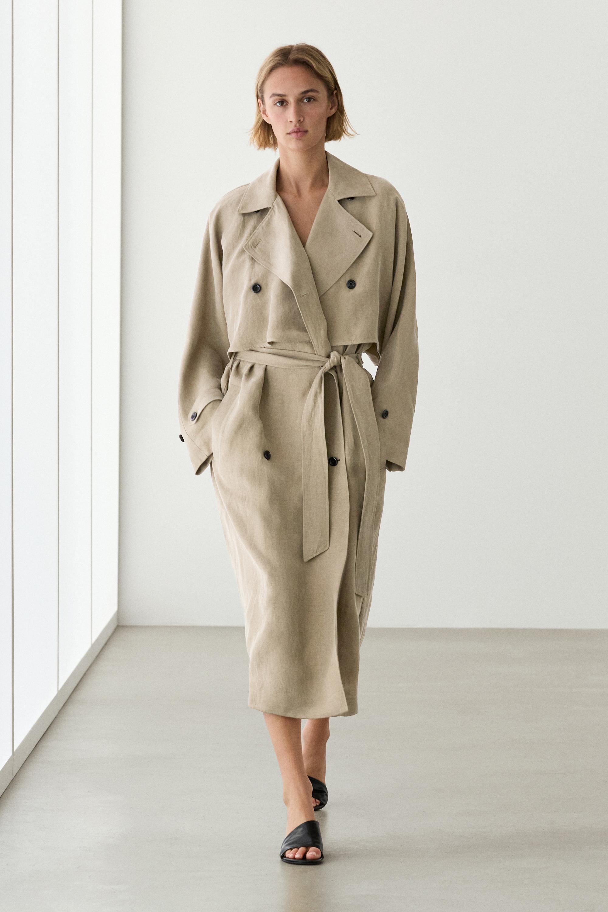 Linen blend trench coat with belt detail — SAND BROWN