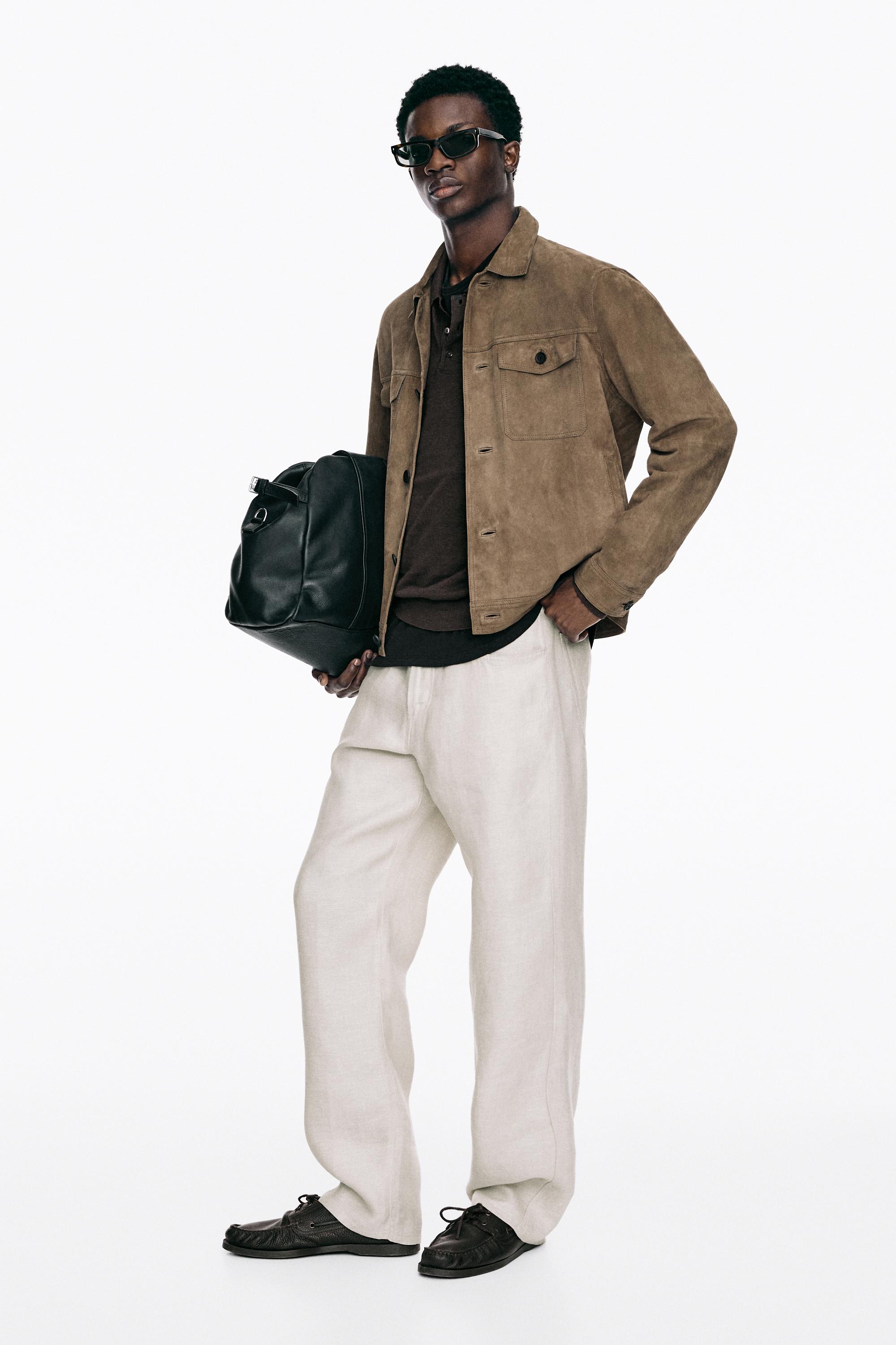 Distressed effect leather jacket with pockets — PALE GREEN