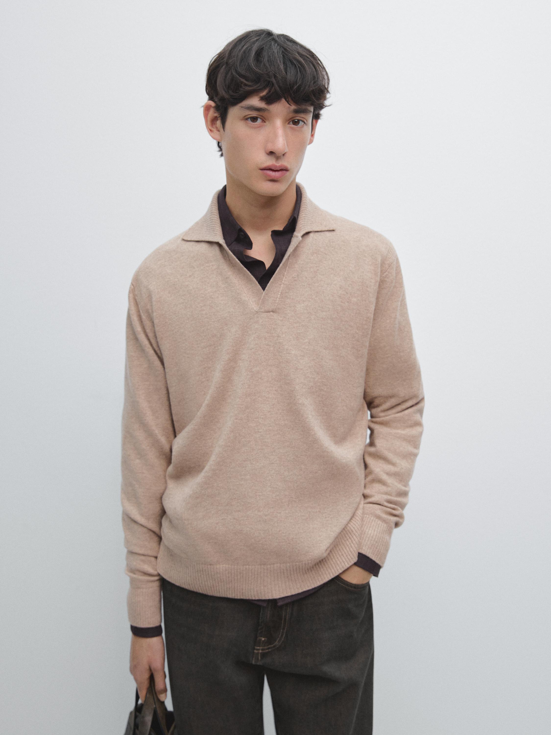 Pull polo col V en maille 100 % laine