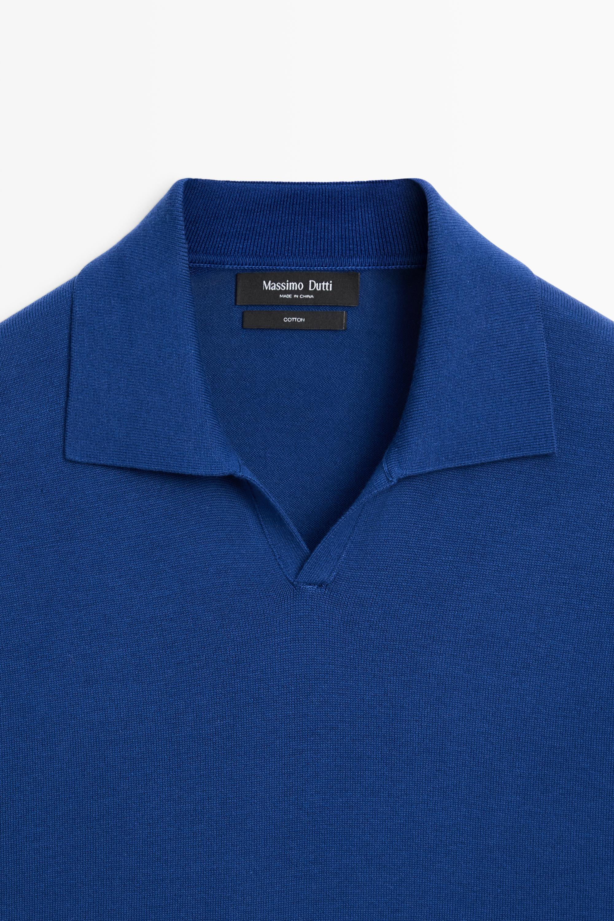 100% cotton V-neck knit polo — Electric blue