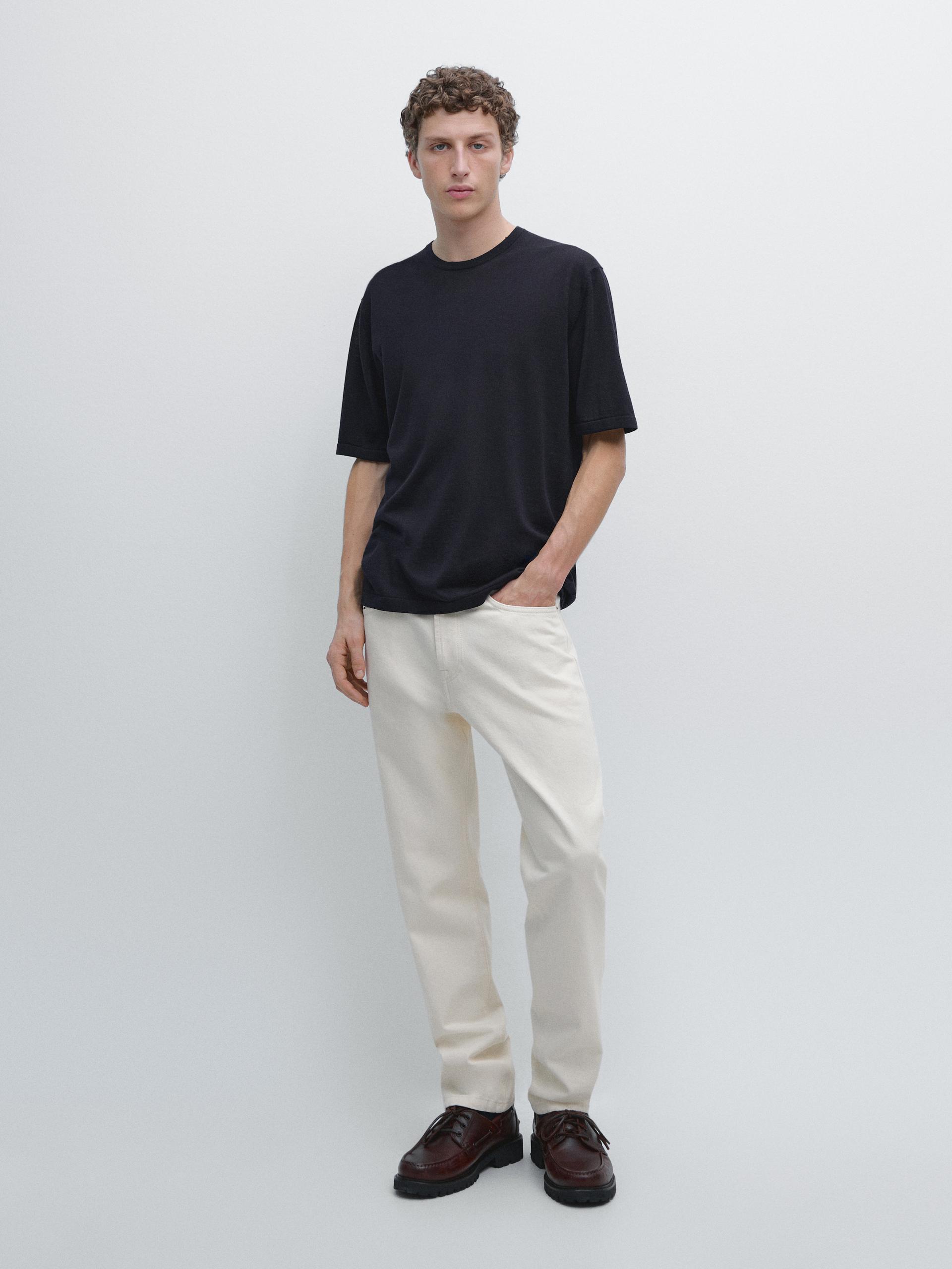 T-Shirt En Maille De Laine Mélangée - Bleu Marine - Xl - Massimo Dutti - Homme