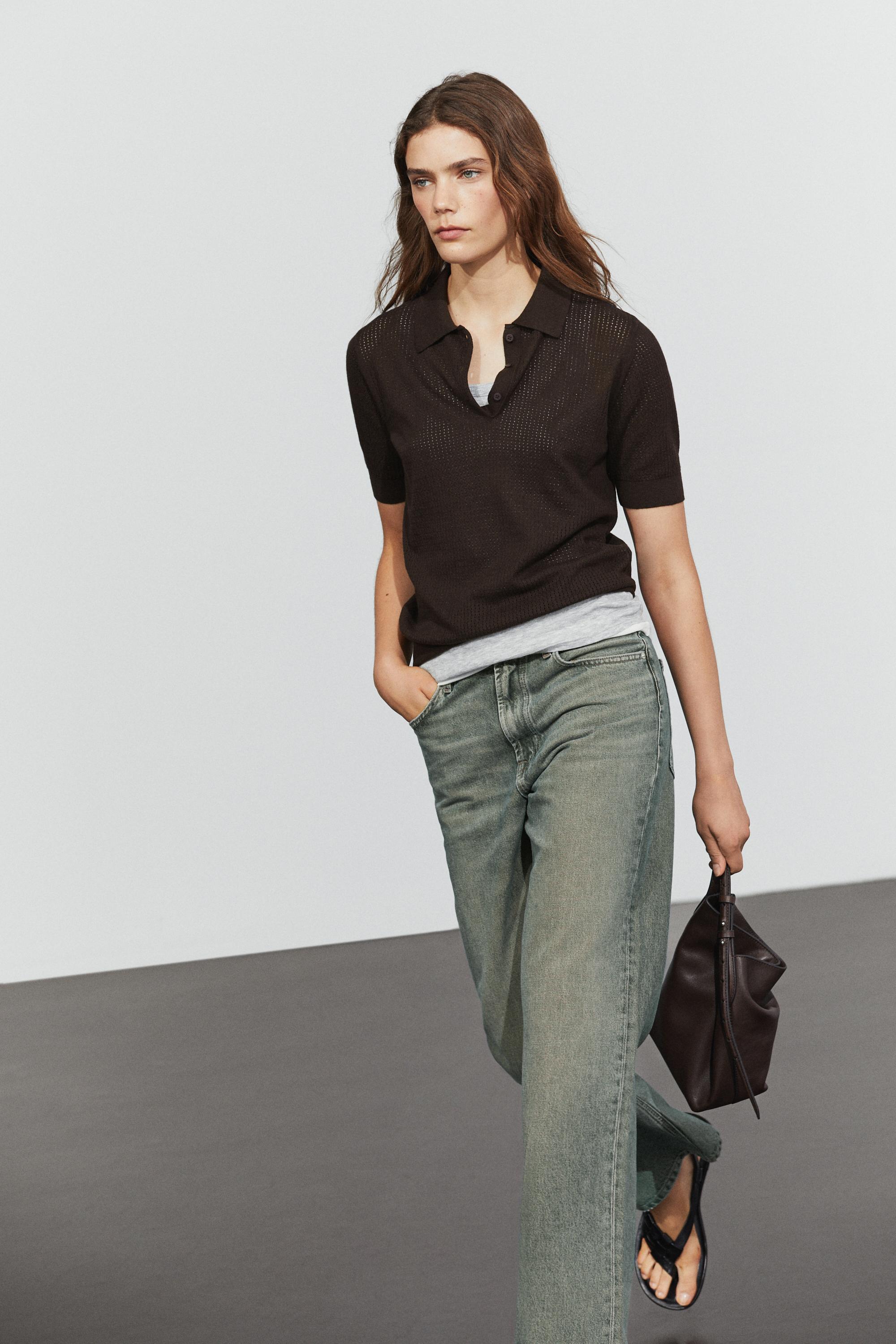 Cotton blend open-knit polo shirt — BROWN