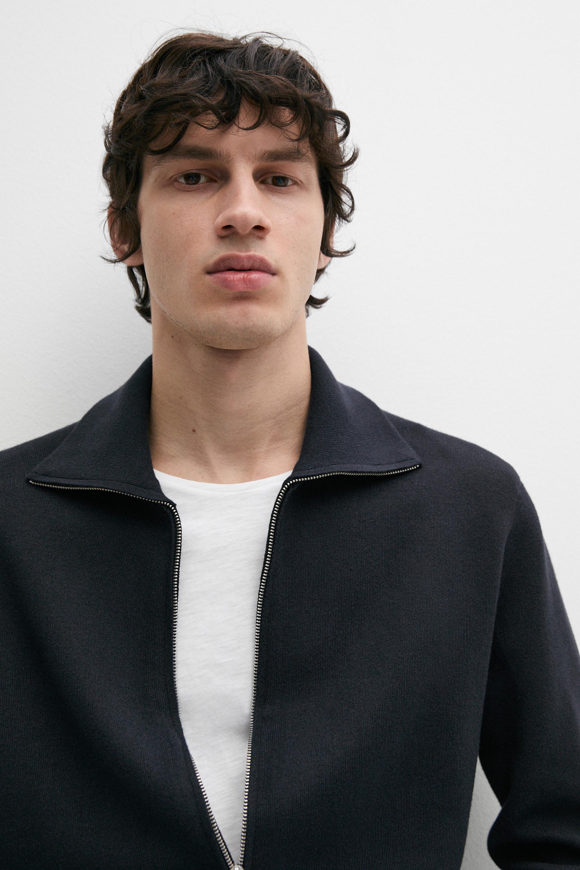 100% cotton zip-up knit cardigan — NAVY BLUE