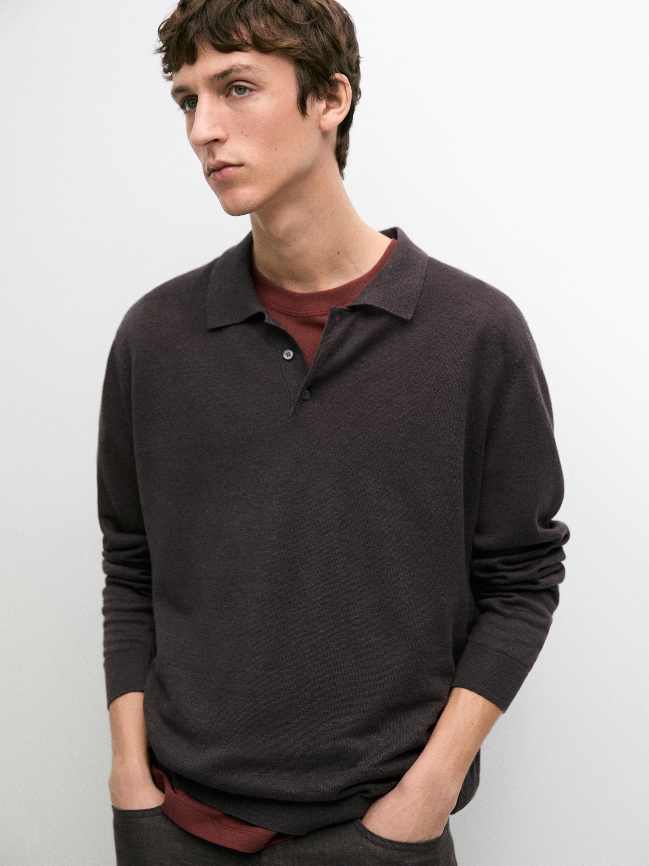 100% linen knit polo collar sweater — DARK BOTTLE GREEN