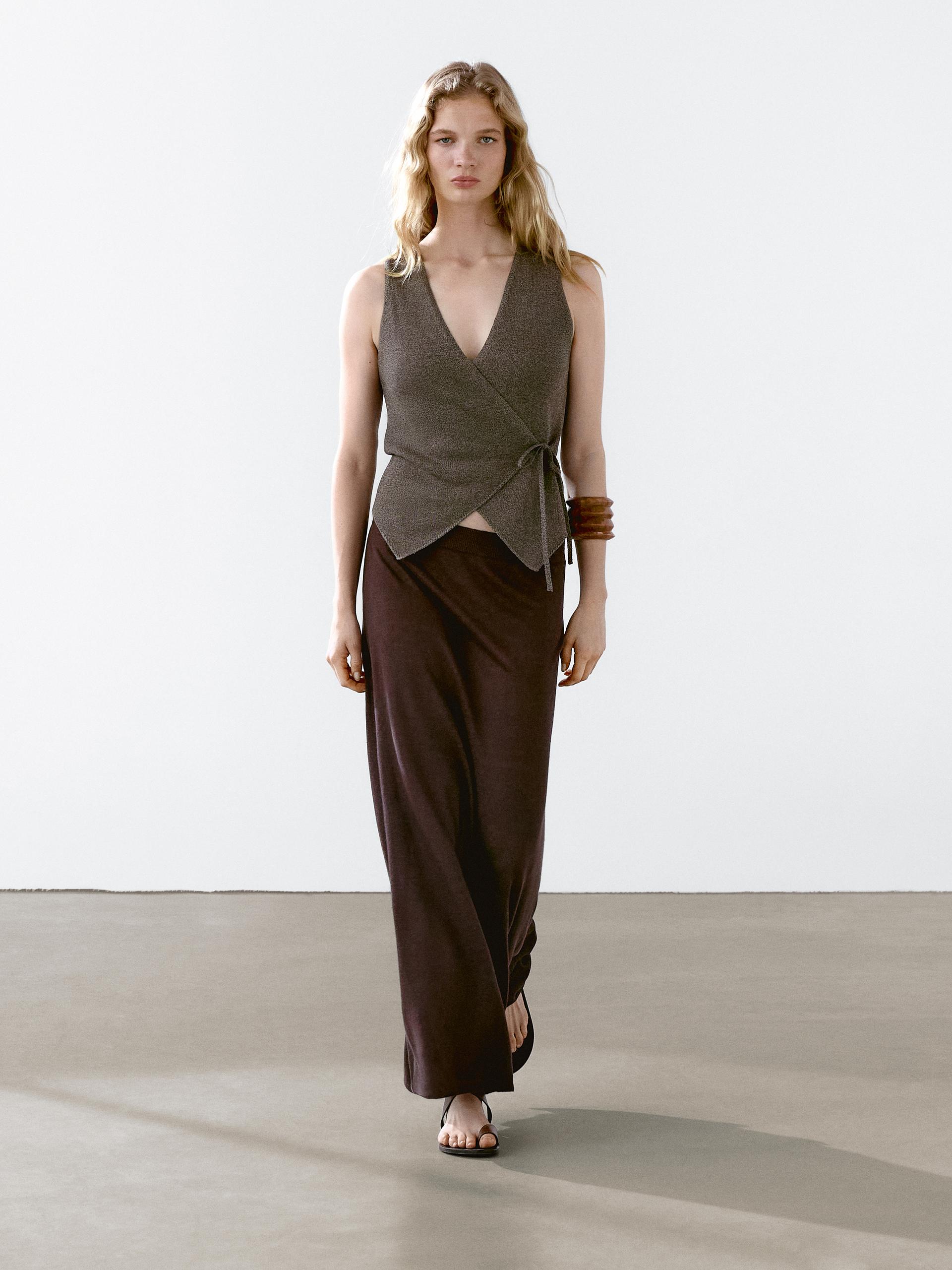 Jupe Longue Ample 100 % Lin - Aubergine - L - Massimo Dutti - Femme