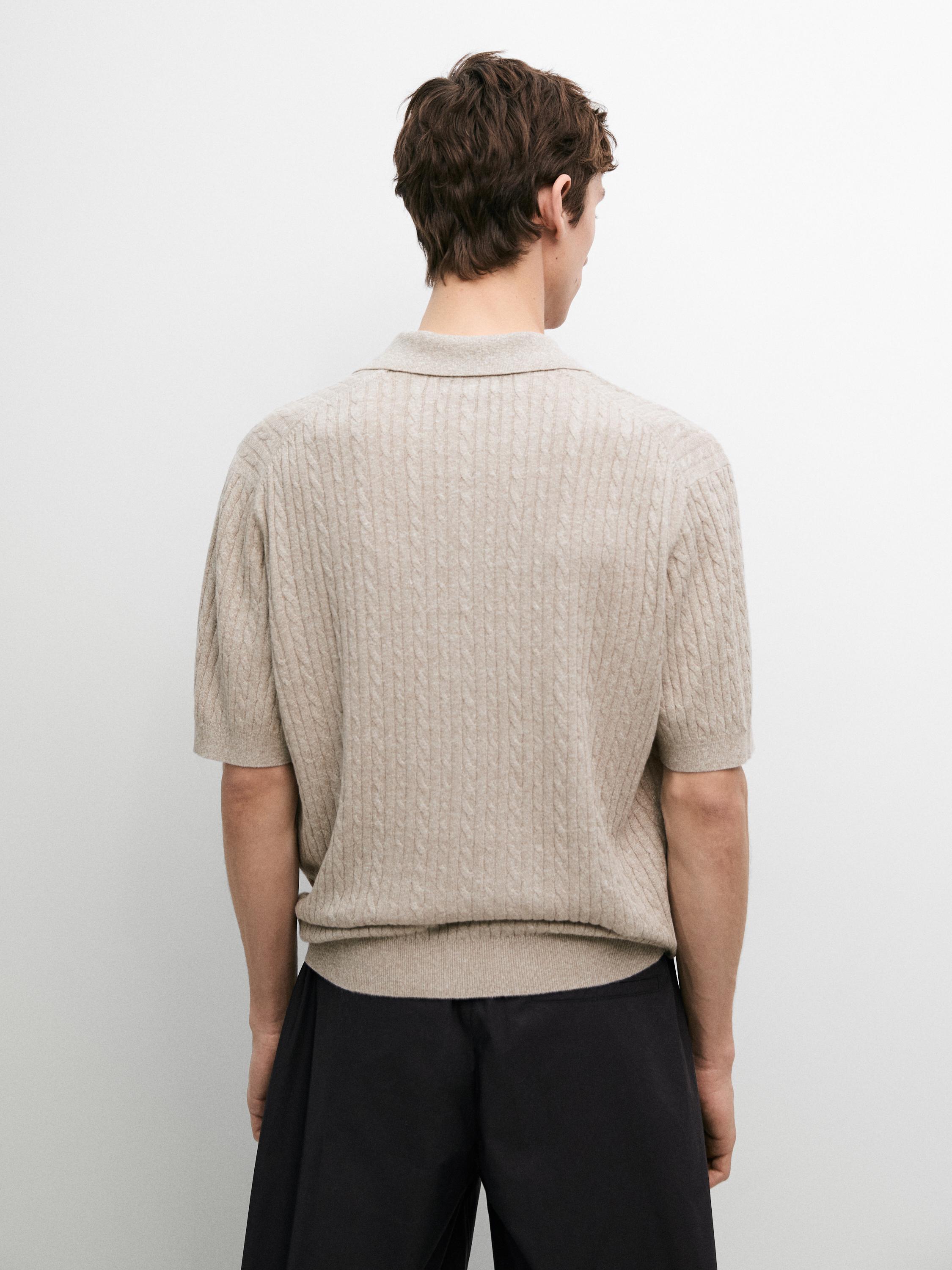 Short sleeve knit polo shirt with cable-knit detail — MINK