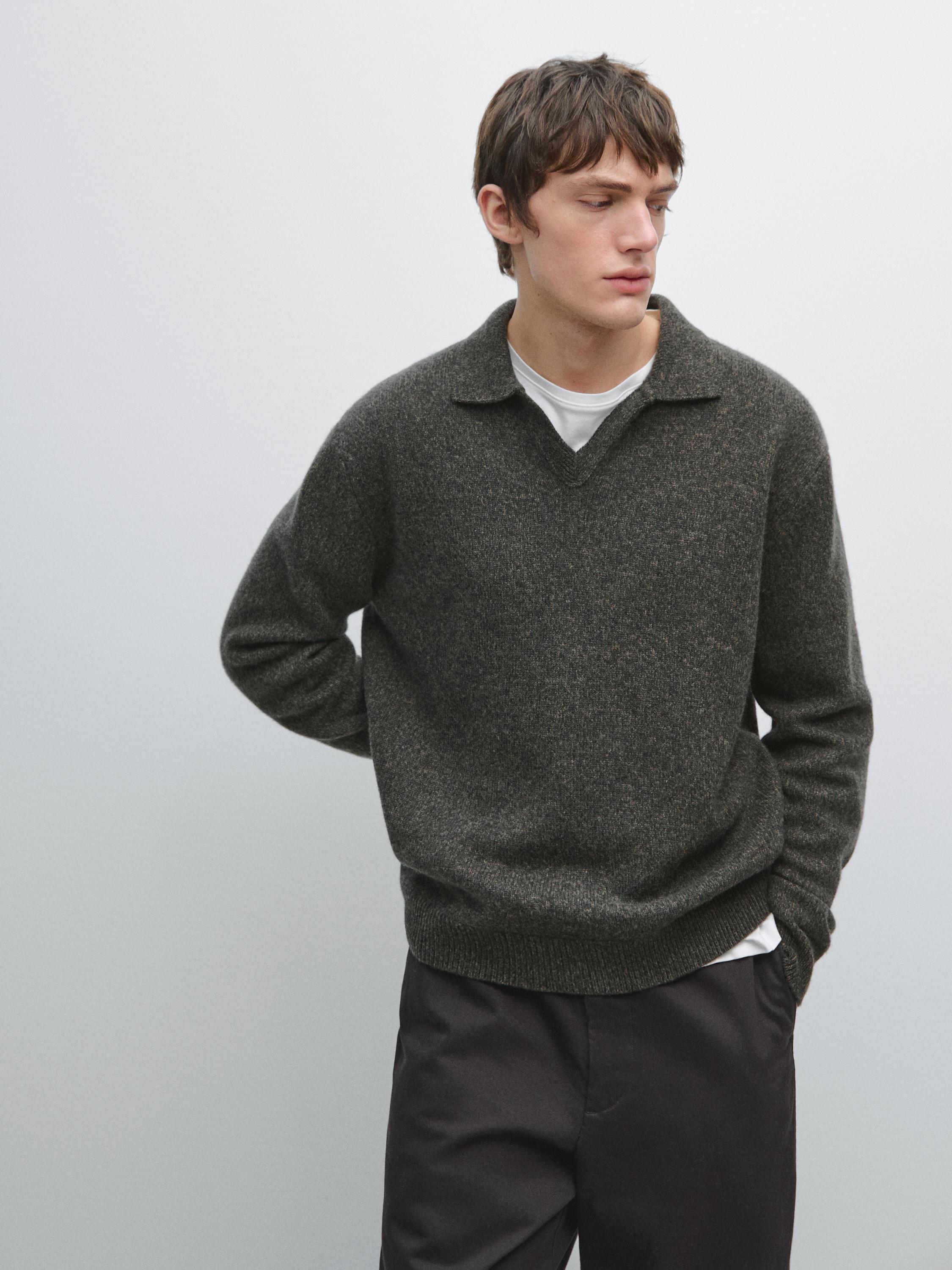 Pull polo en maille chinée à col en V