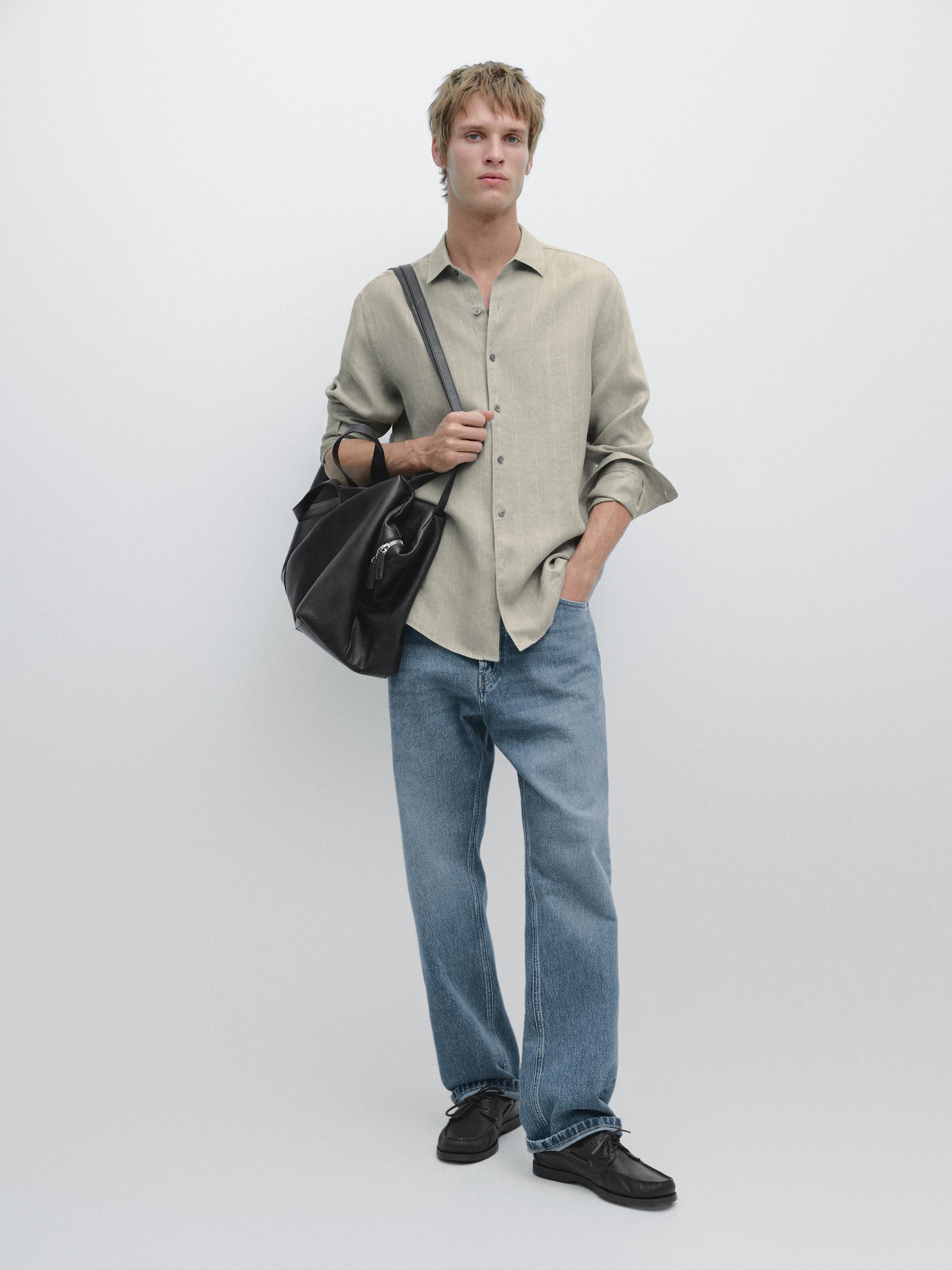 100% linen regular fit striped shirt — PALE GREEN